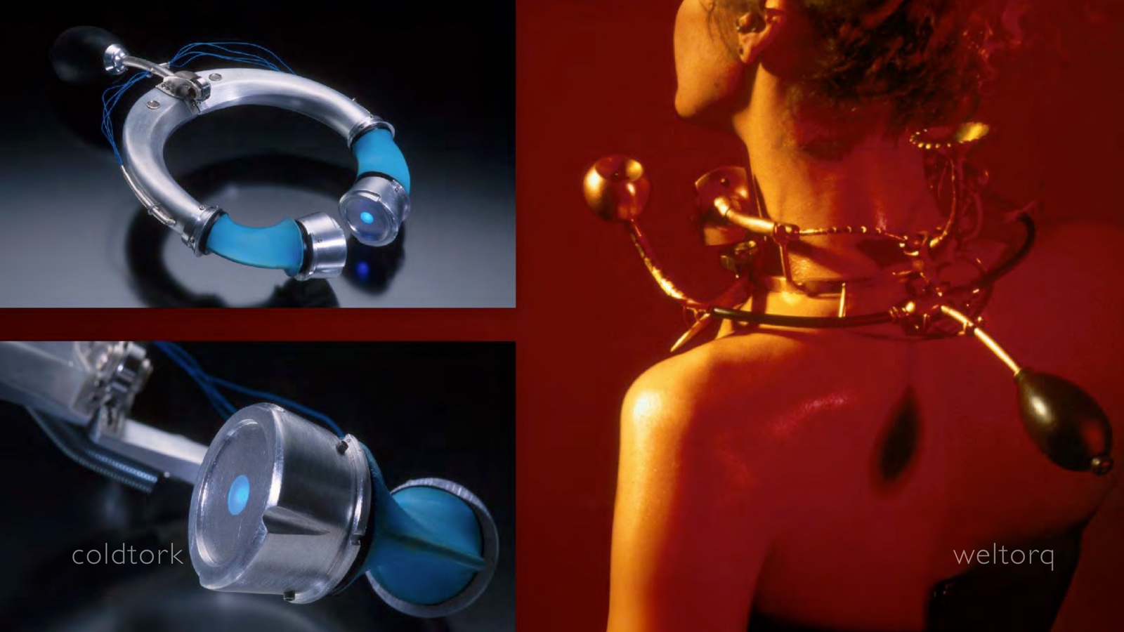 Portfolio page: coldtork and weltorq, 2002 — Forged/fabricated aluminum and rubber neckpiece with LEDs and found materials, filled with refrigerant gel. Forged and fabricated copper and brass neckpiece with fuel reservoirs, oil burner and steam vessel. Grad student work, photos by Doug Yaple.