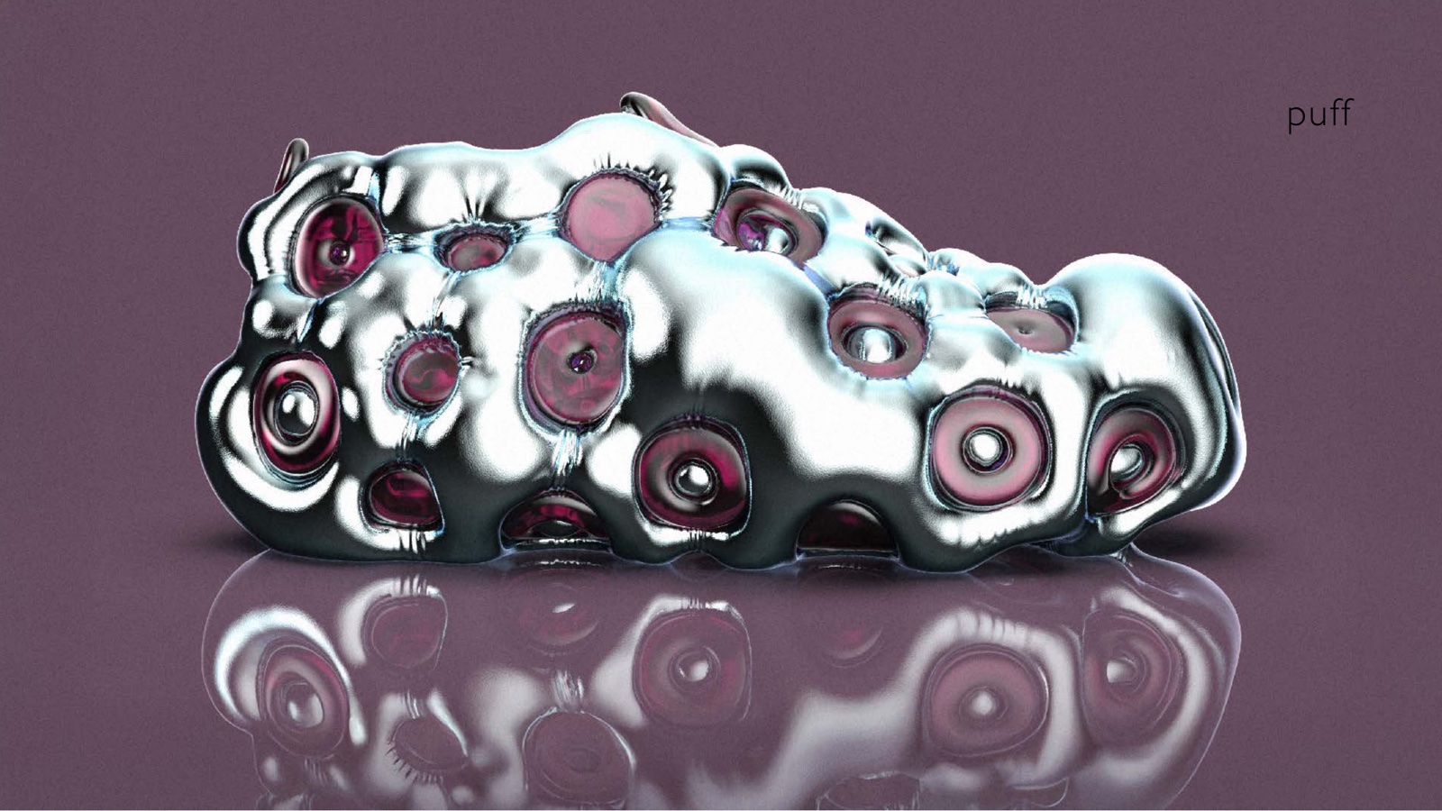 Portfolio page: puff, 2021 — 3D rendering of inflated bladder based shoe concept.