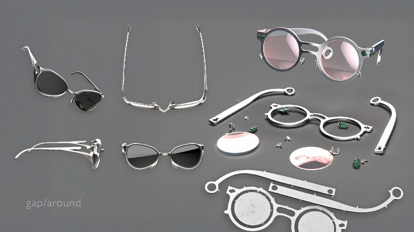 Portfolio page: gap/around, 2021, 2024 — 3D rendering of cast titanium sunglass concept. 3D rendering of recycled aluminum and bronze spectacle concept, early CNC milled samples.