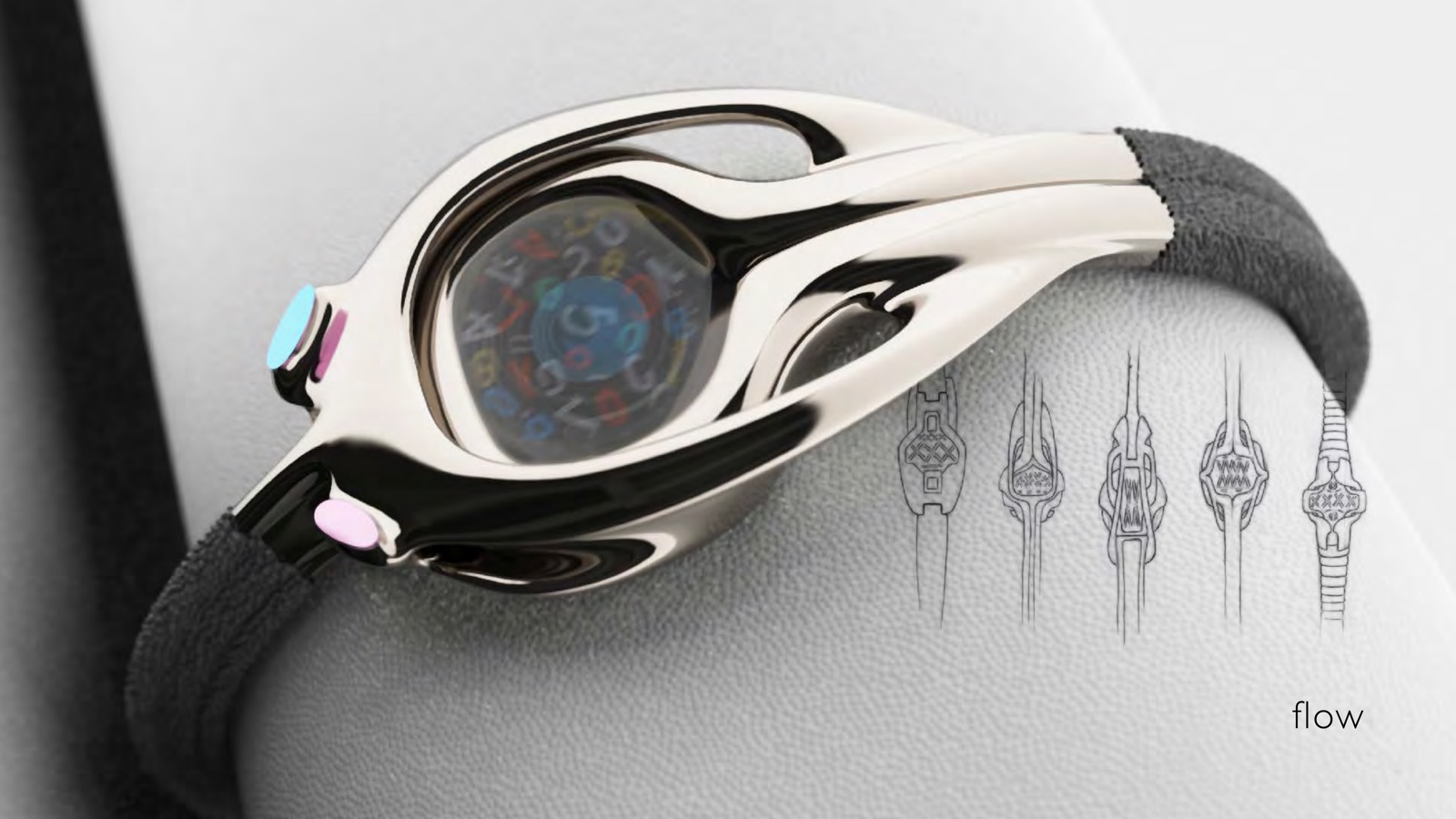 Portfolio page: flow, 2018 — Sketches and 3D rendering of digital watch concept.