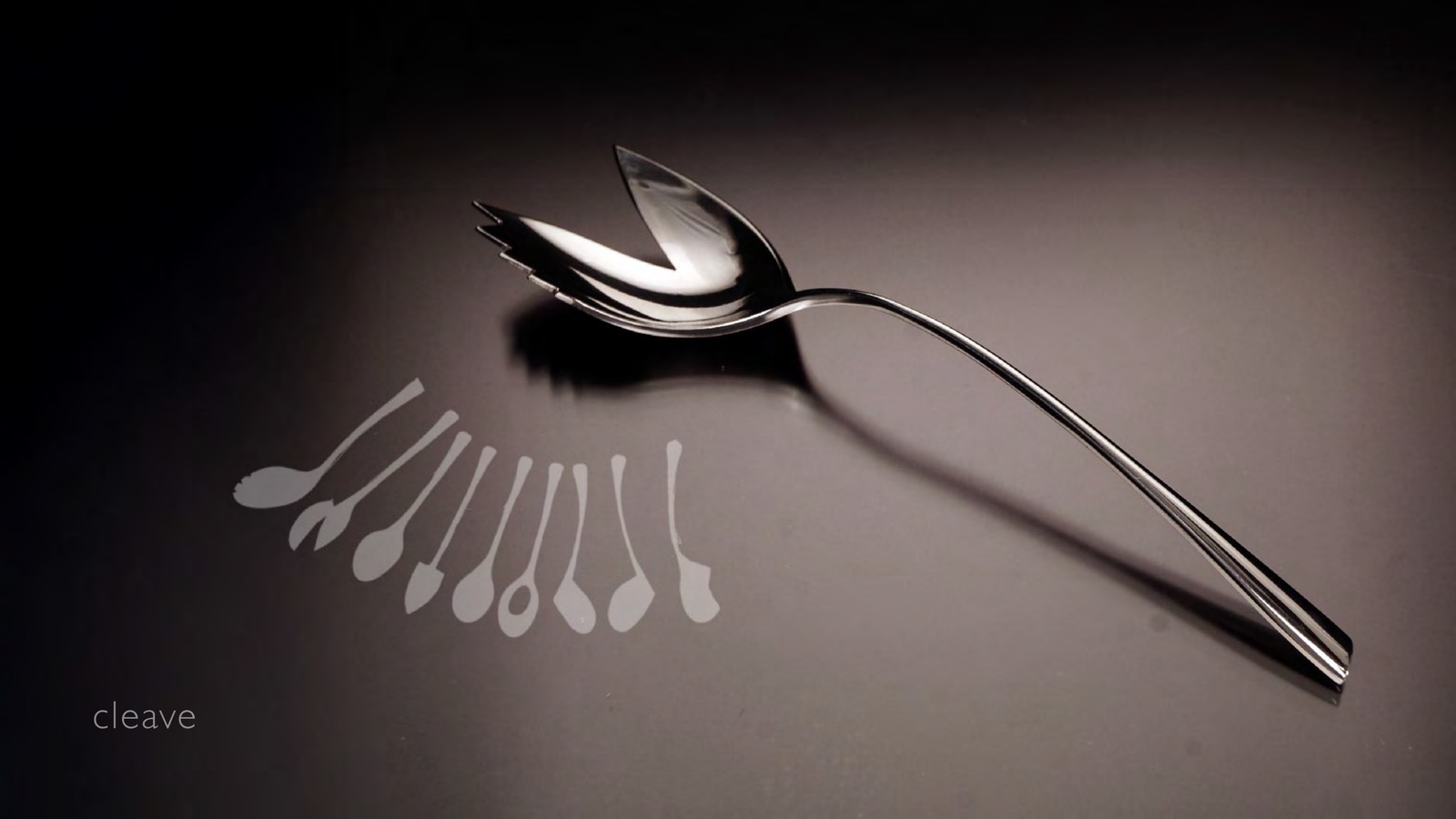 Portfolio page: cleave, 2016 — Silhouette sketches and photograph of stainless prototype of a serrated spoon concept.
