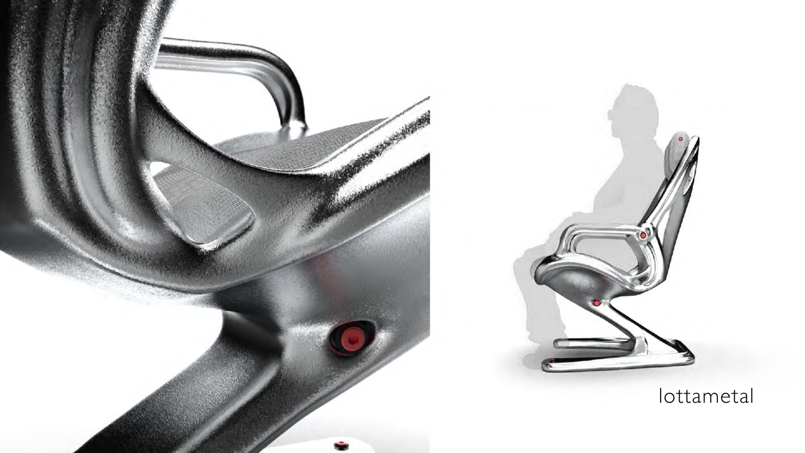 Portfolio page: lottametal, 2024 — 3D renderings of a cast aluminum seat concept for a fictional space vessel.