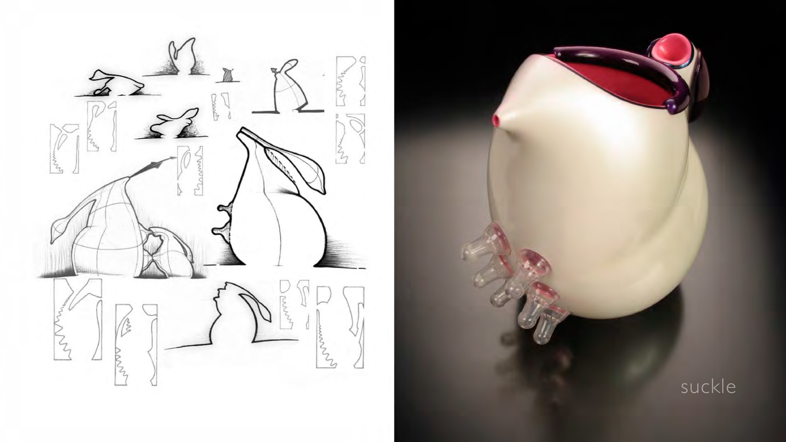 Portfolio page: suckle, 2007 — Sketches and photograph of auto painted plastic and silicone soy milk pitcher prototype.