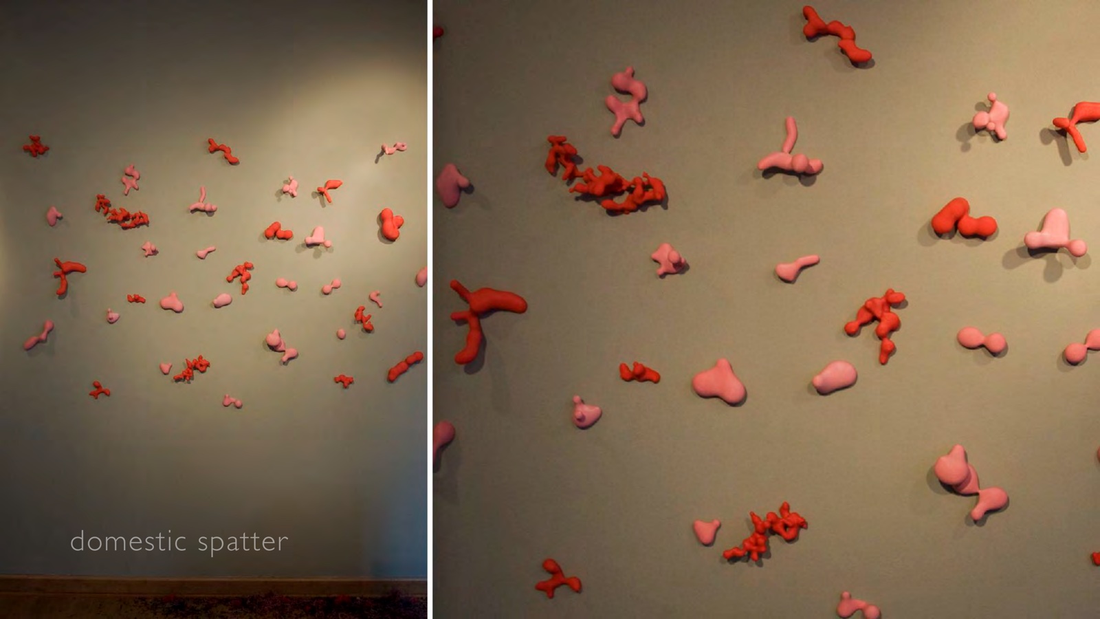 Portfolio page: domestic spatter, 2009 — Photographs of simulated fluid dynamic forms, 3D printed, as installed.