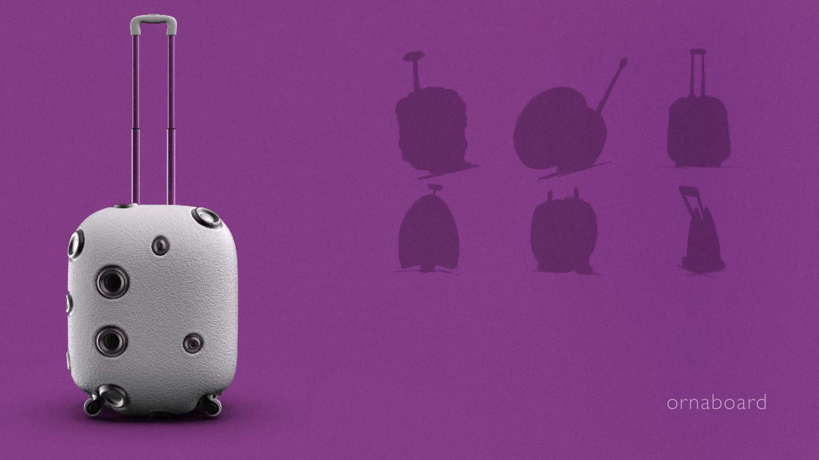 Portfolio page: ornaboard, 2021 — Sketches and 3D rendering of rollaboard suitcase concepts.