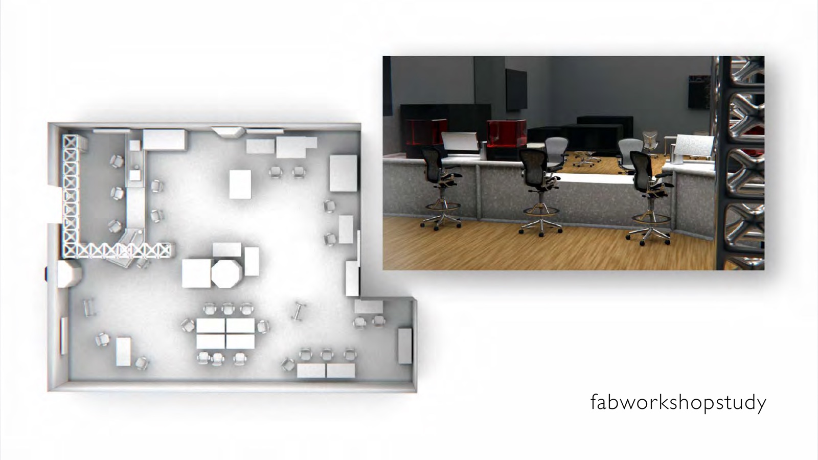 Portfolio page: fabworkshopstudy, 2013 — 3D renderings of initial concept for new digital fabrication lab in former gallery space.