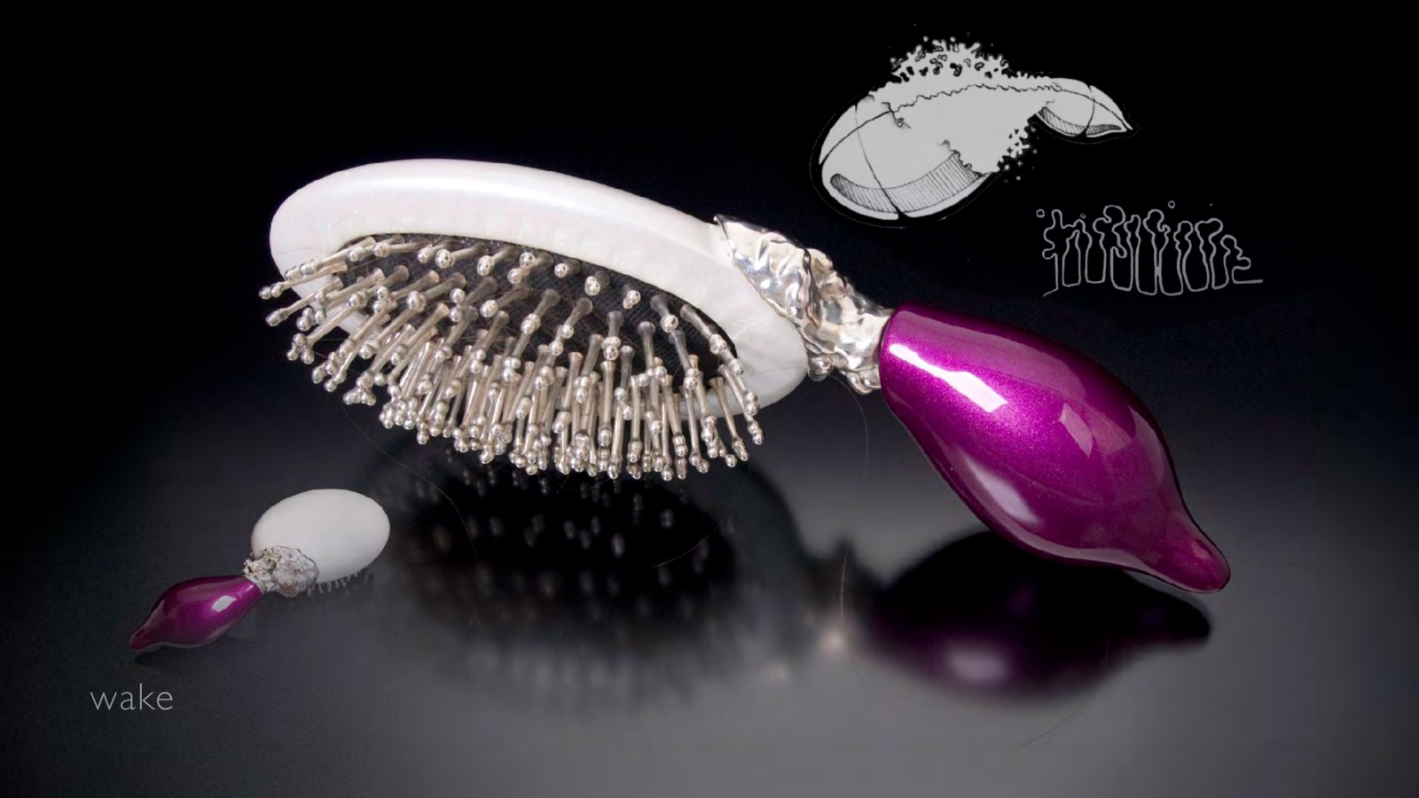 Portfolio page: wake, 2009 — Sketches and photograph of prototype of auto painted plastic and sterling silver hairbrush.