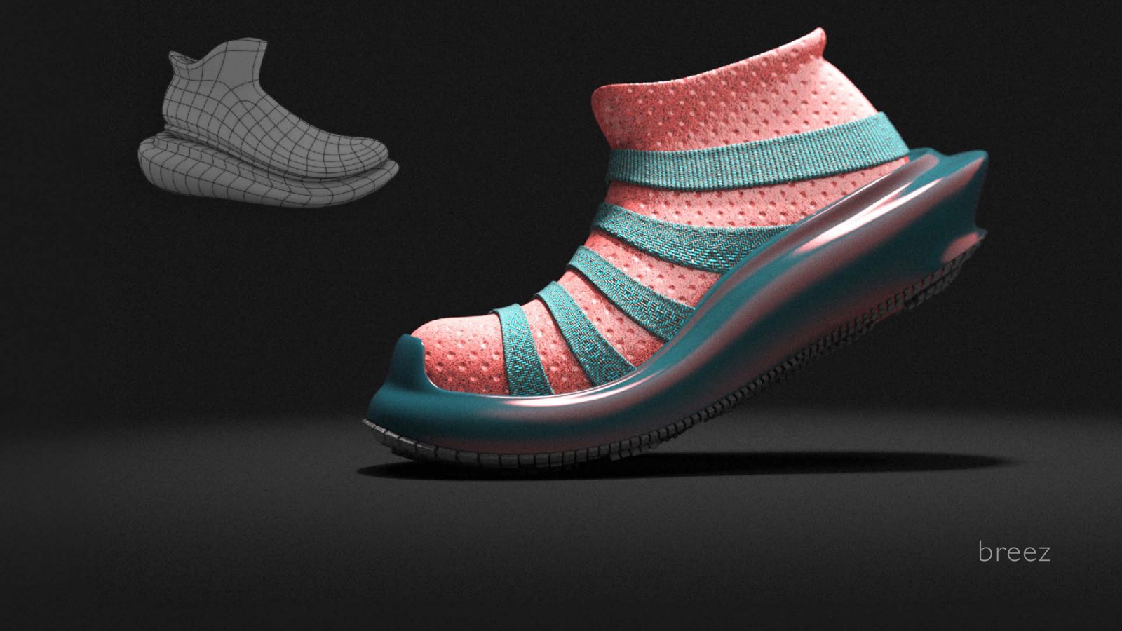 Portfolio page: breez, 2021 — Early sub-d model and 3D rendering of a sandal-like shoe concept.
