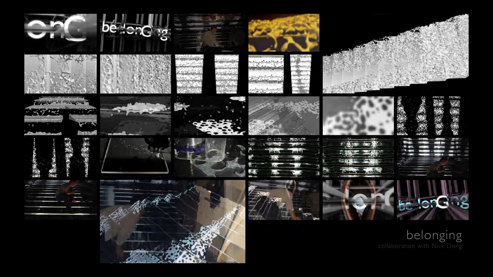 Portfolio page: belonging, 2014, collaboration with Nick Dong — Video stills of installation sculpture with fluid dynamic forms CNC milled into acrylic stair steps.