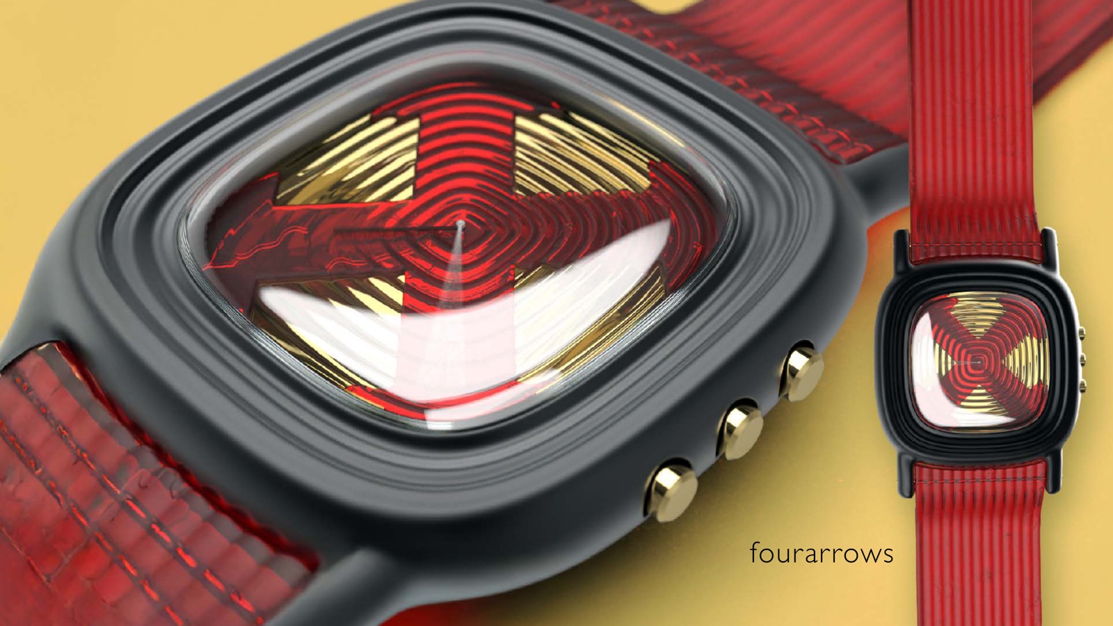 Portfolio page: four arrows, 2020 — 3D renderings of aluminum, gold and silicone watch concept.