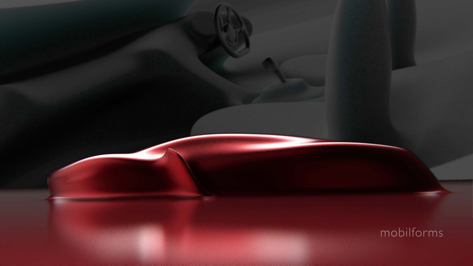 Portfolio page: mobilforms, 2023 — 3D renderings of an auto speed shape and soft interior concept.