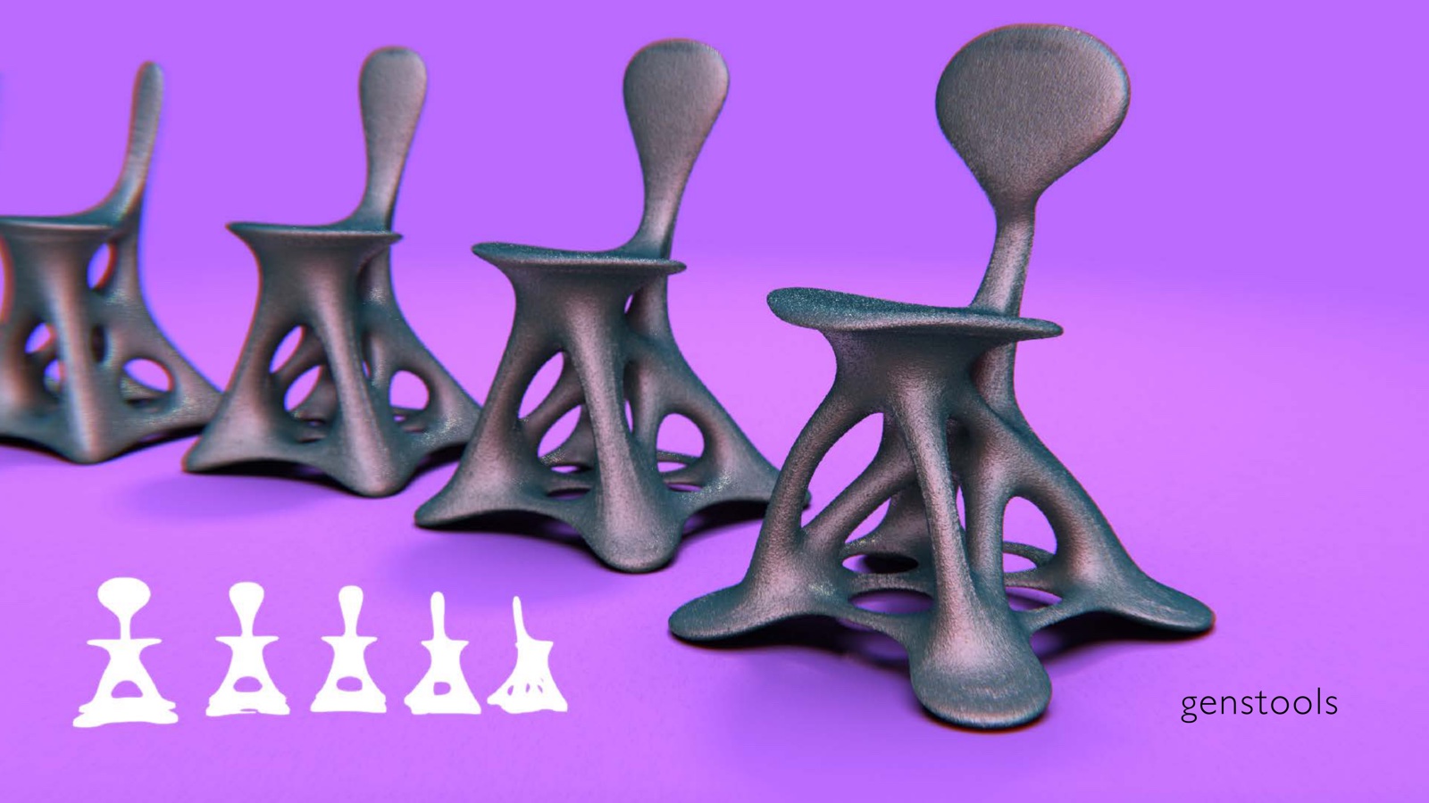Portfolio page: genstools, 2024 — 2D silhouettes and 3D renderings of parametric stool concepts.