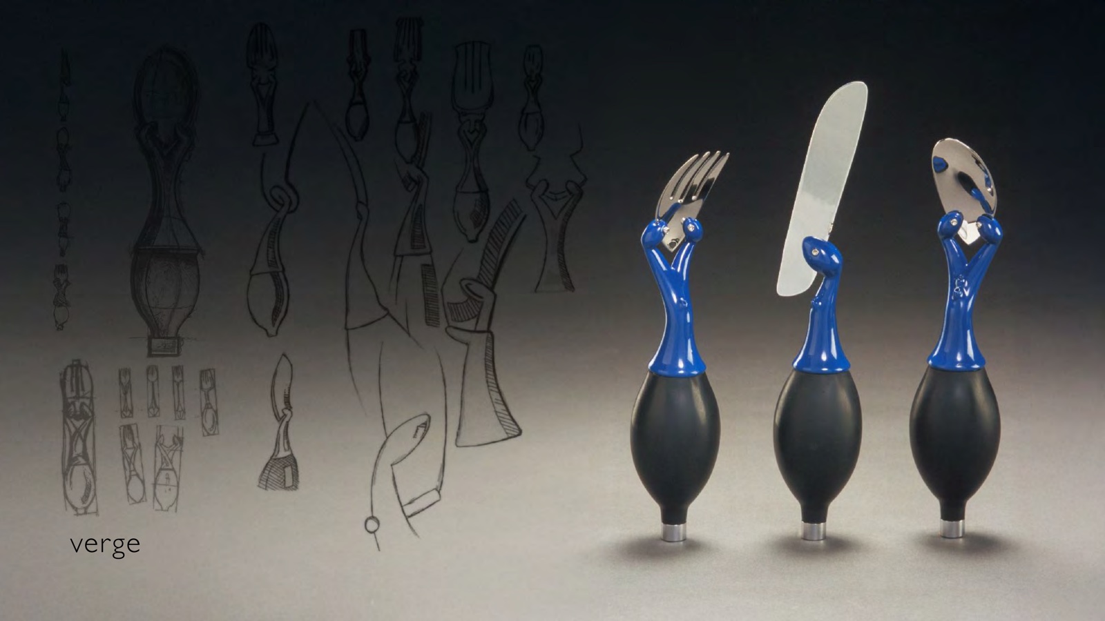Portfolio page: verge, 2005 — Sketches and models of a silver, stainless, and rubber volumetric flatware concept.
