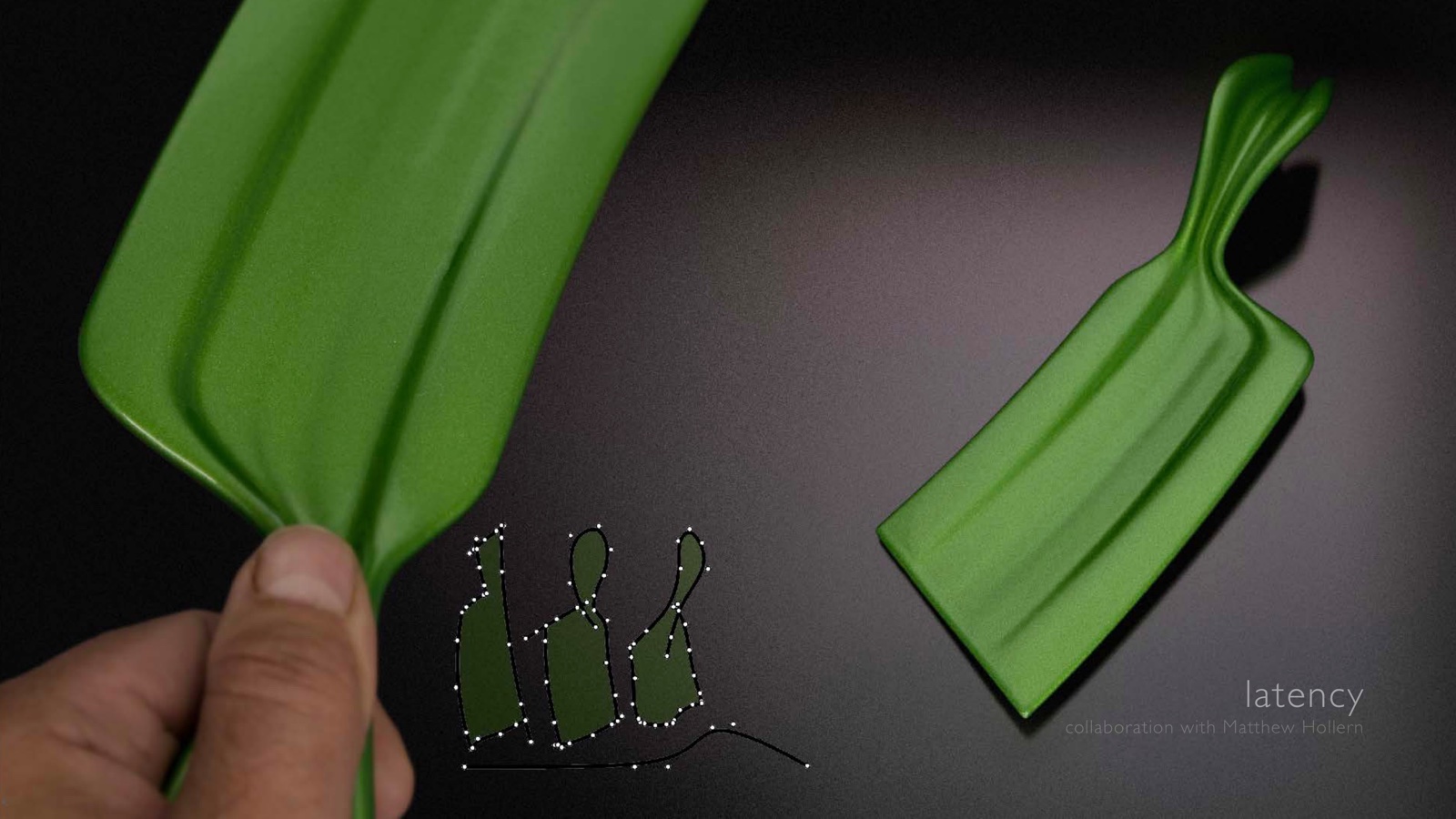 Portfolio page: latency, 2012, collaboration with Matthew Hollern — NURBS sketches and photographs of auto painted spatula concept.