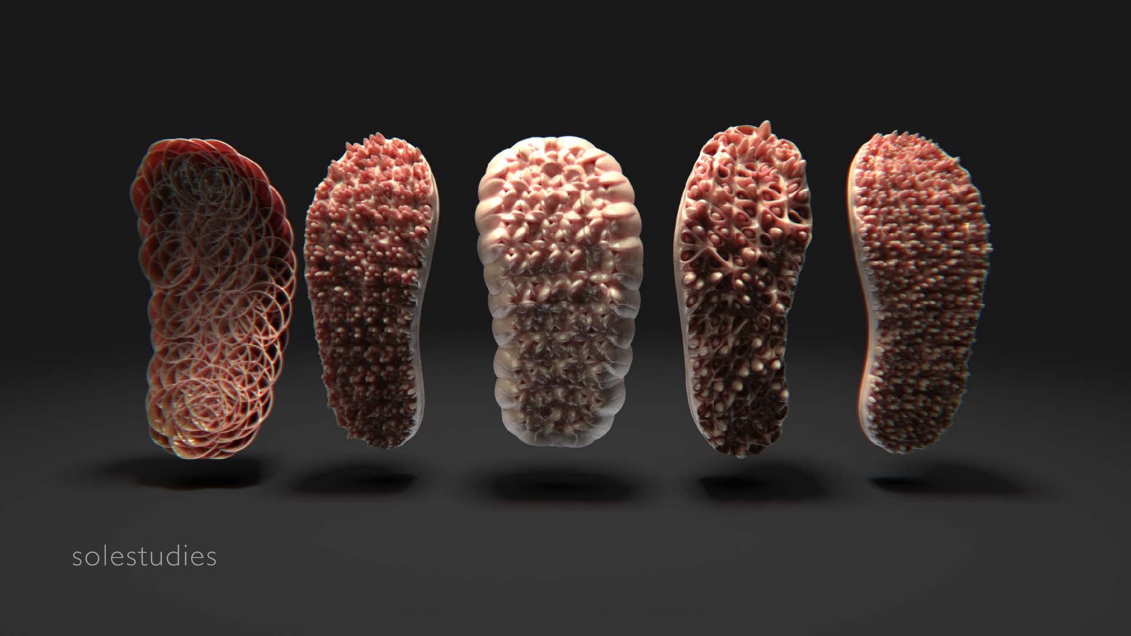 Portfolio page: solestudies, 2021 — 3D rendering of various generative modeling tests for shoe patterning.