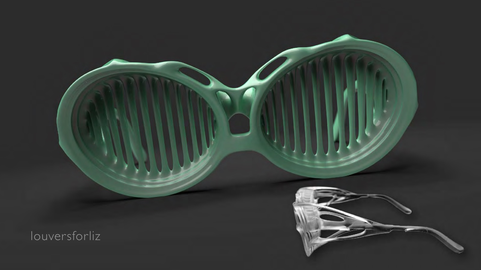 Portfolio page: louversforliz, 2021 — 3D rendering and 3D print of a louver style sunglass concept.