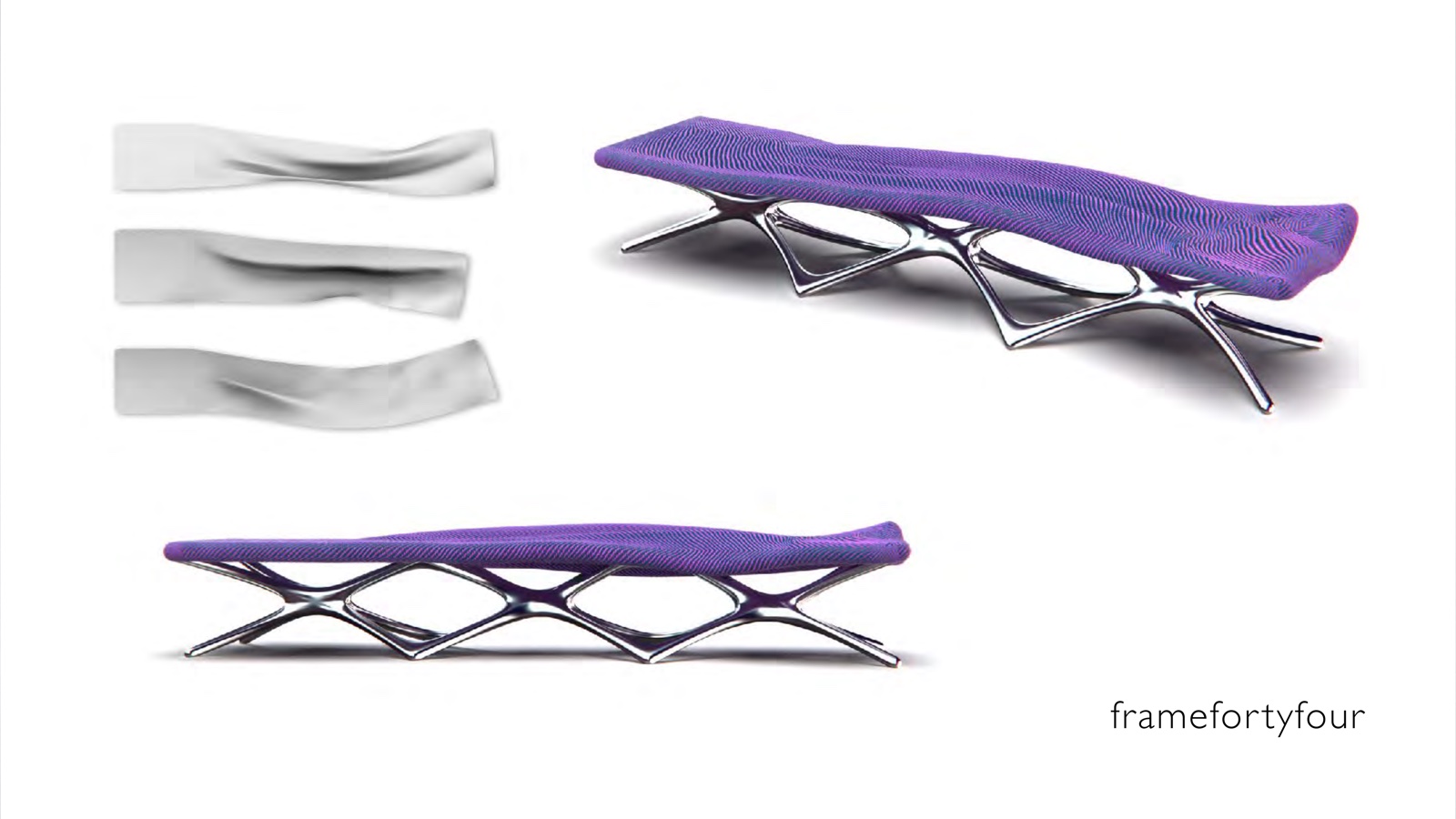 Portfolio page: framefortyfour, 2024 — 3D renderings of a bench concept based on frames in a simulation of fabric flapping in digital wind.