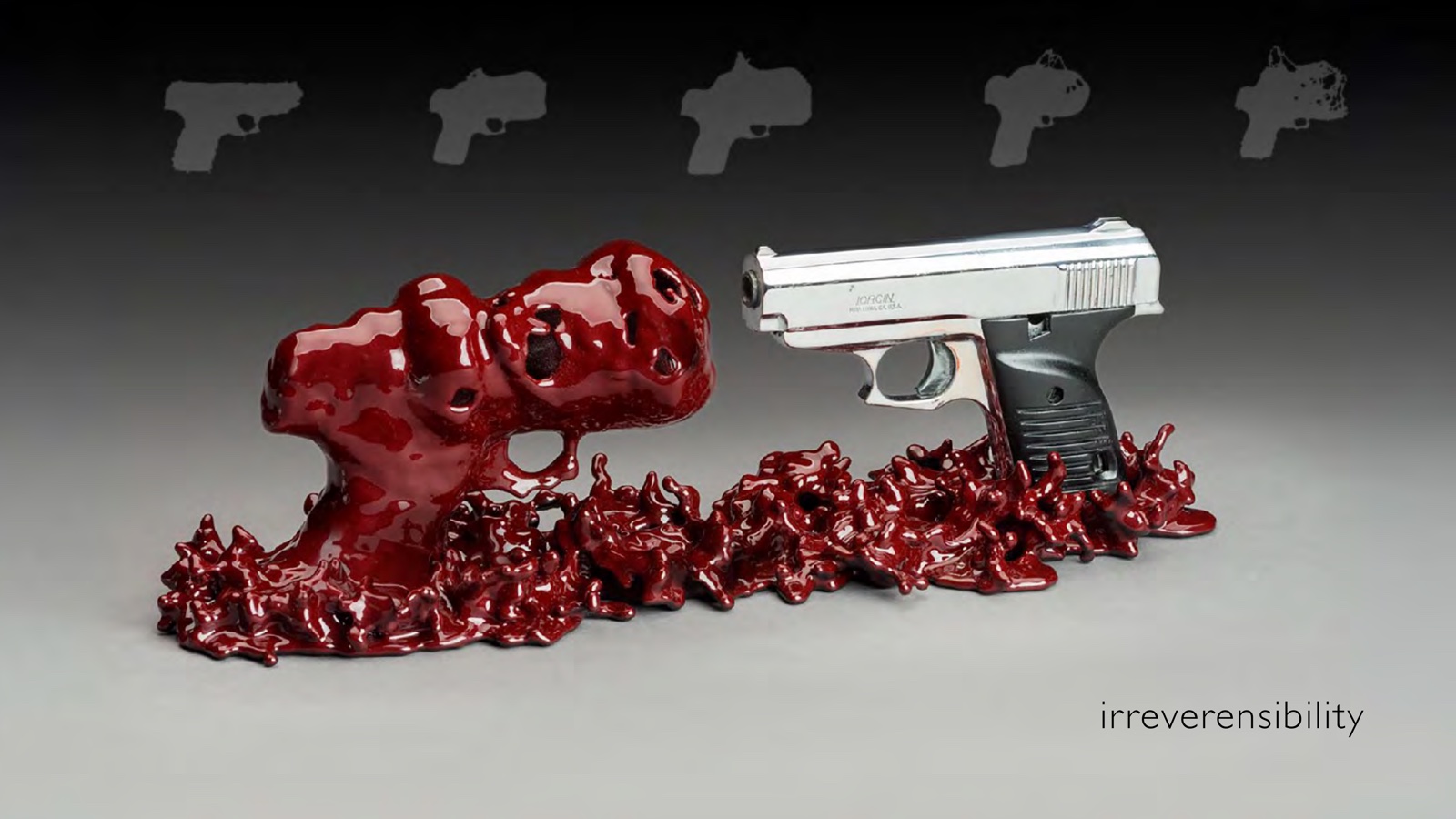 Portfolio page: irreverensibility, 2016 — 2D silhouettes of fluid simulation process and photograph of auto painted sculpture with decommissioned pistol.