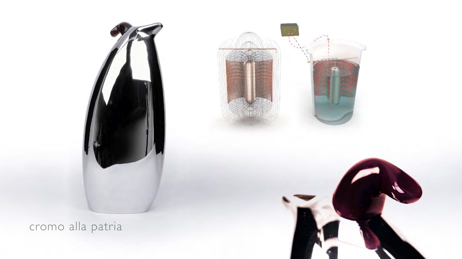 Portfolio page: cromo alla patria, 2019 — Photographs of chrome plated copper vessel, didactic illustrations of custom electroforming process.