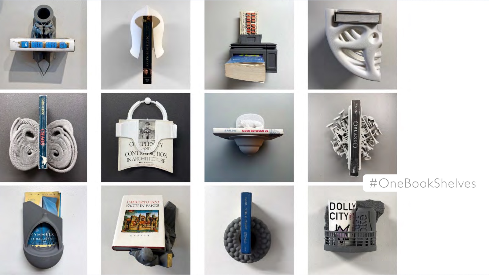 Portfolio page: #OneBookShelves, 2026 — A series of shelves designed around particular books which have influenced me.