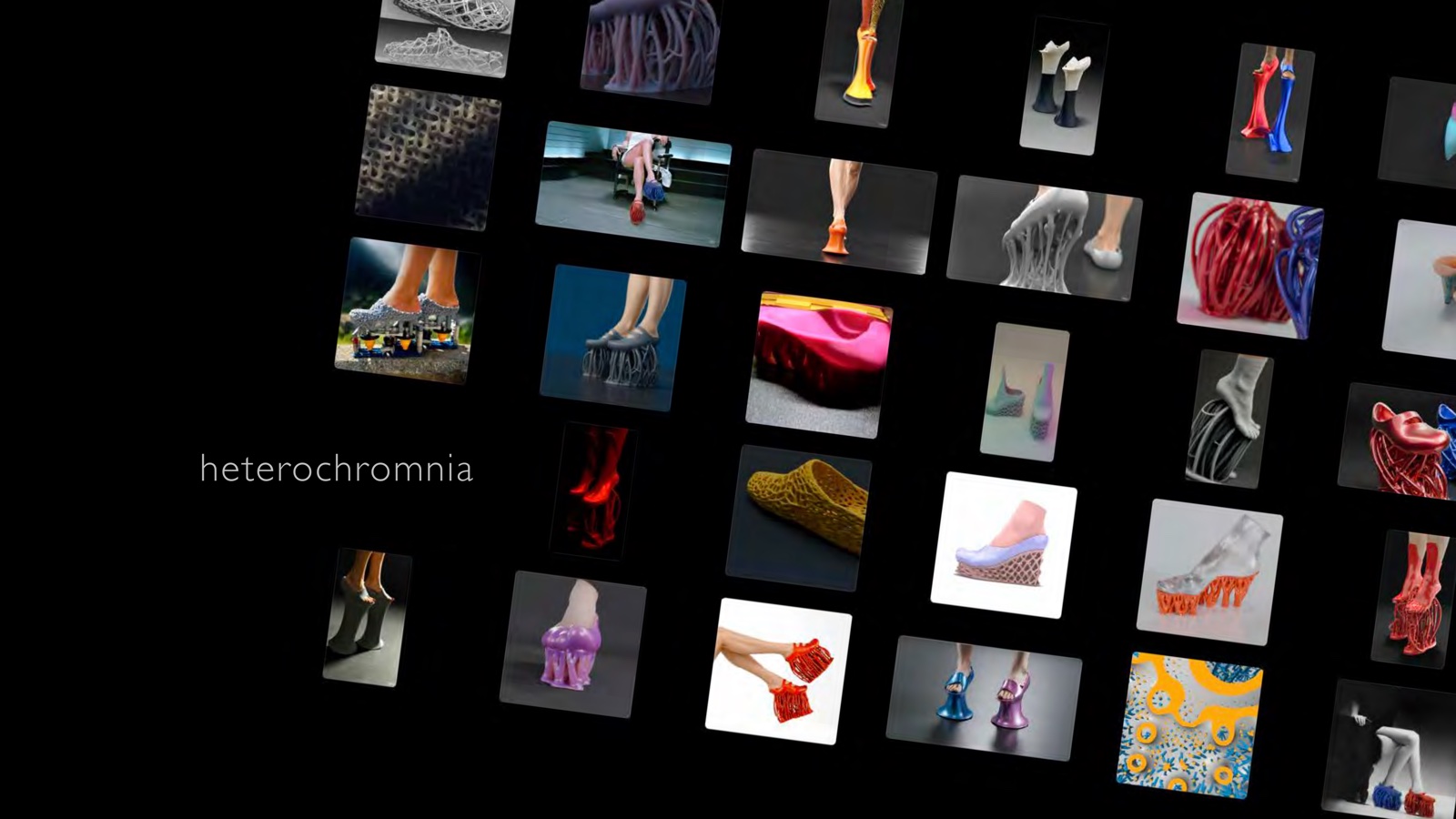 Portfolio page: heterochromnia, 2025 — An ongoing series of shoeforms built around themes of chaos, memory and color.