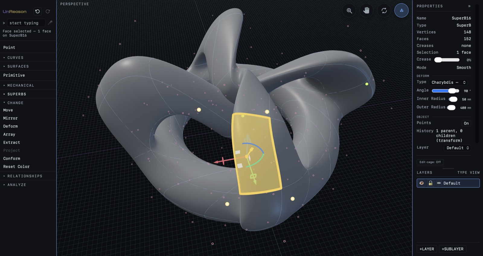 Unreason3D, 2026 — research NURBS modeling kernel and application, work in progress. A knotted SuperB surface in the perspective viewport, its control cage and points visible, one face selected with a transform gumball; the properties panel shows a Charybdis deform.