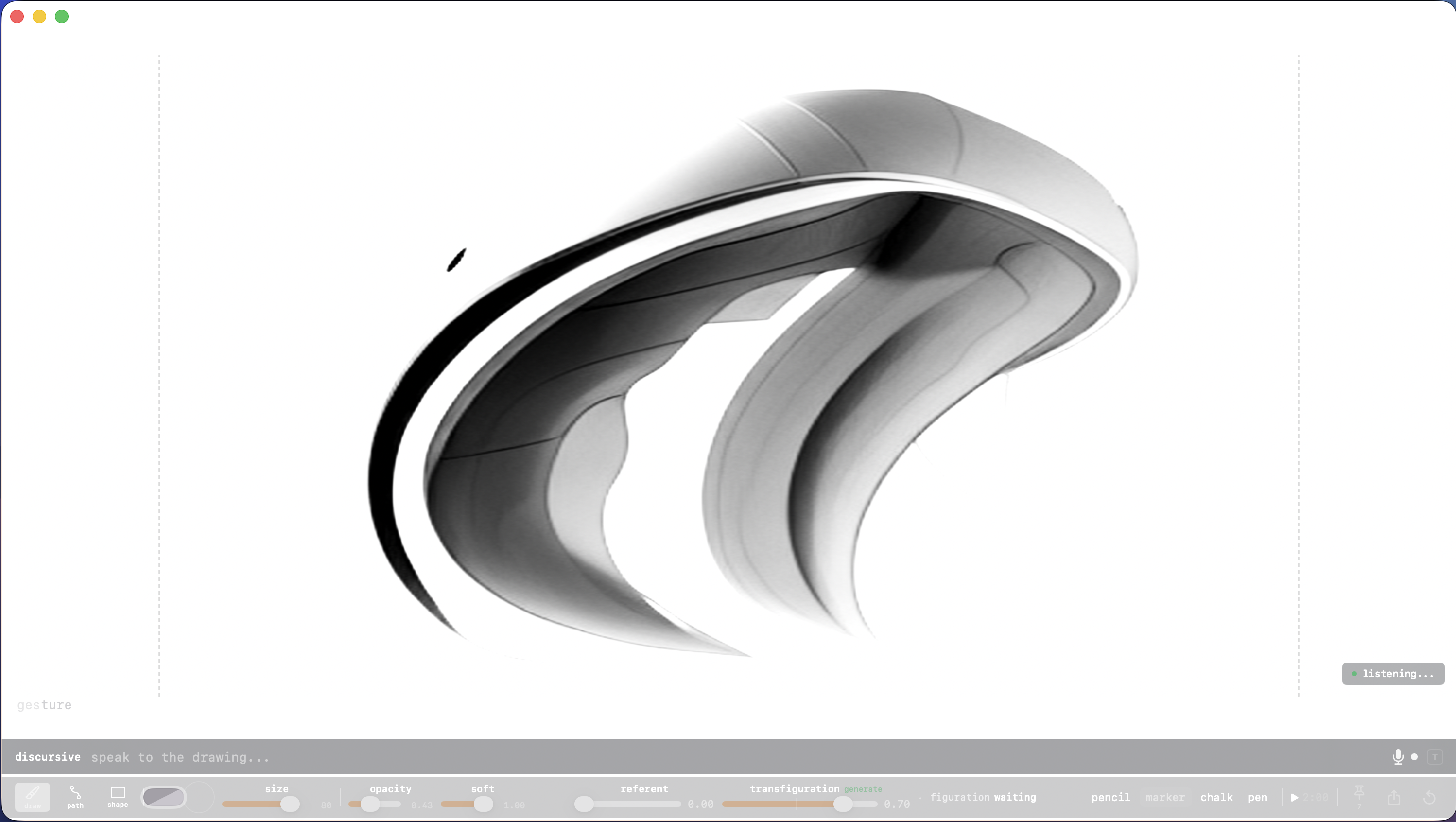 gesture app showing a sweeping form rendered through draw-and-transfigure workflow