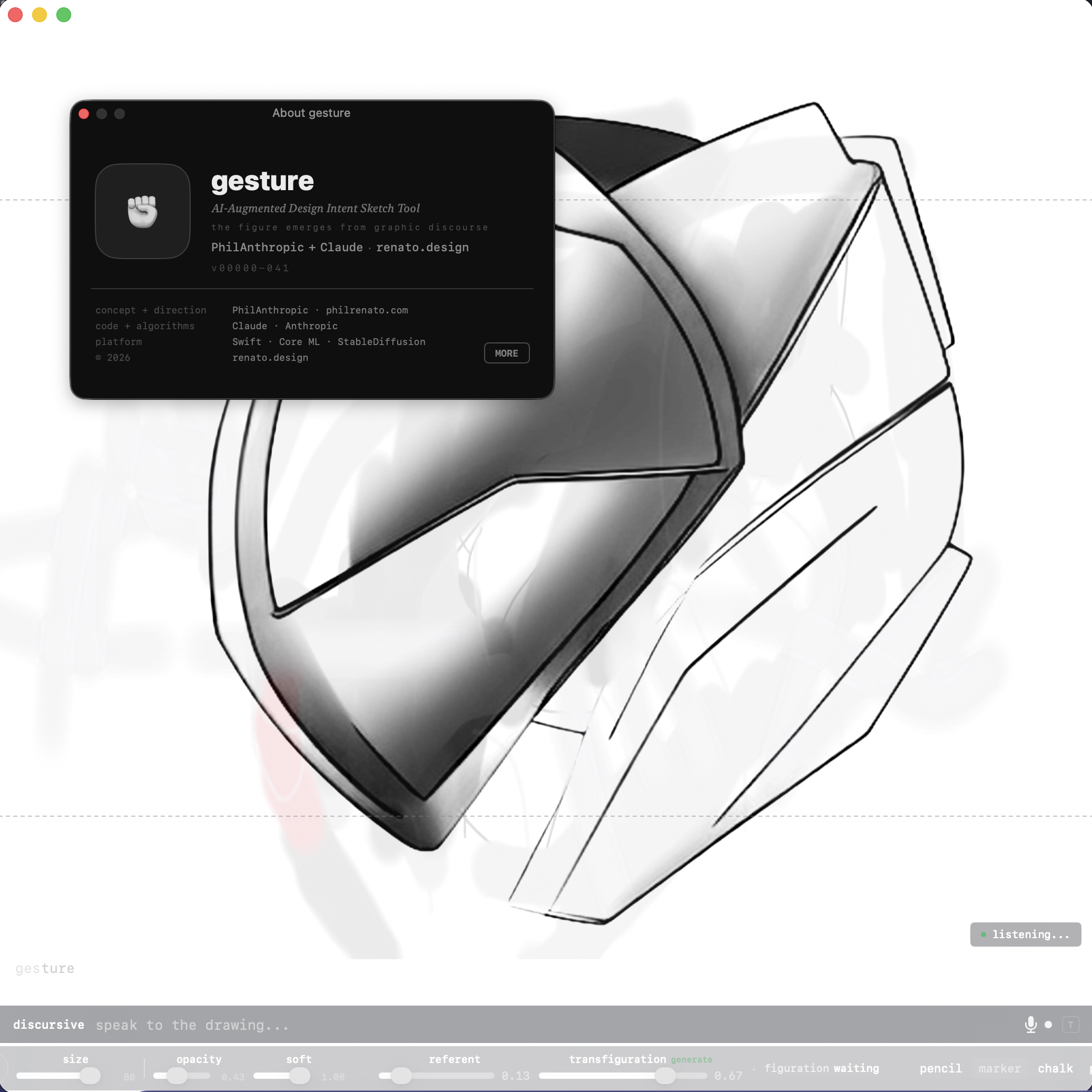 gesture About panel showing app info overlaid on a metallic sculptural form