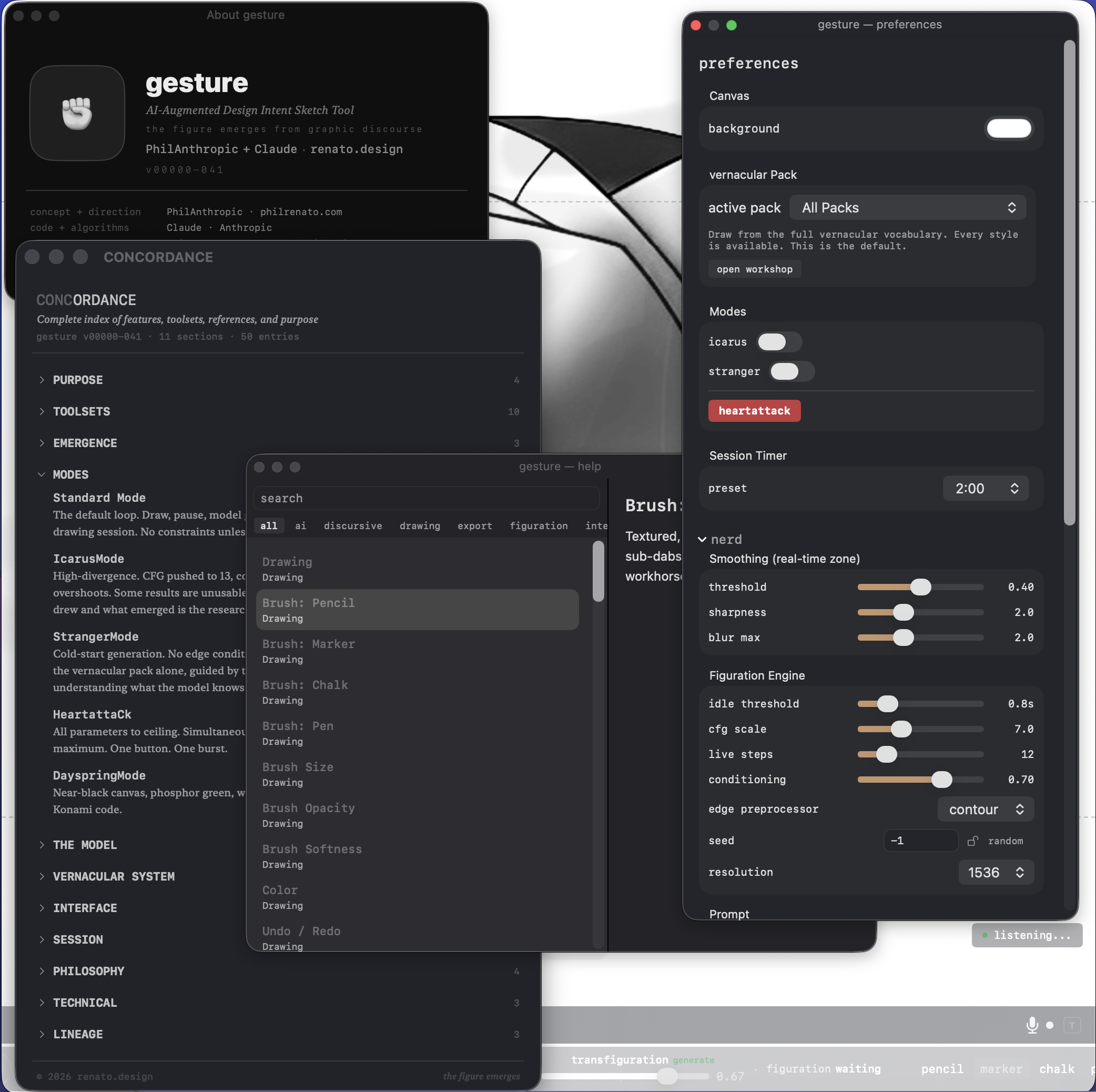 gesture showing Concordance, Help, and Preferences panels with full feature documentation