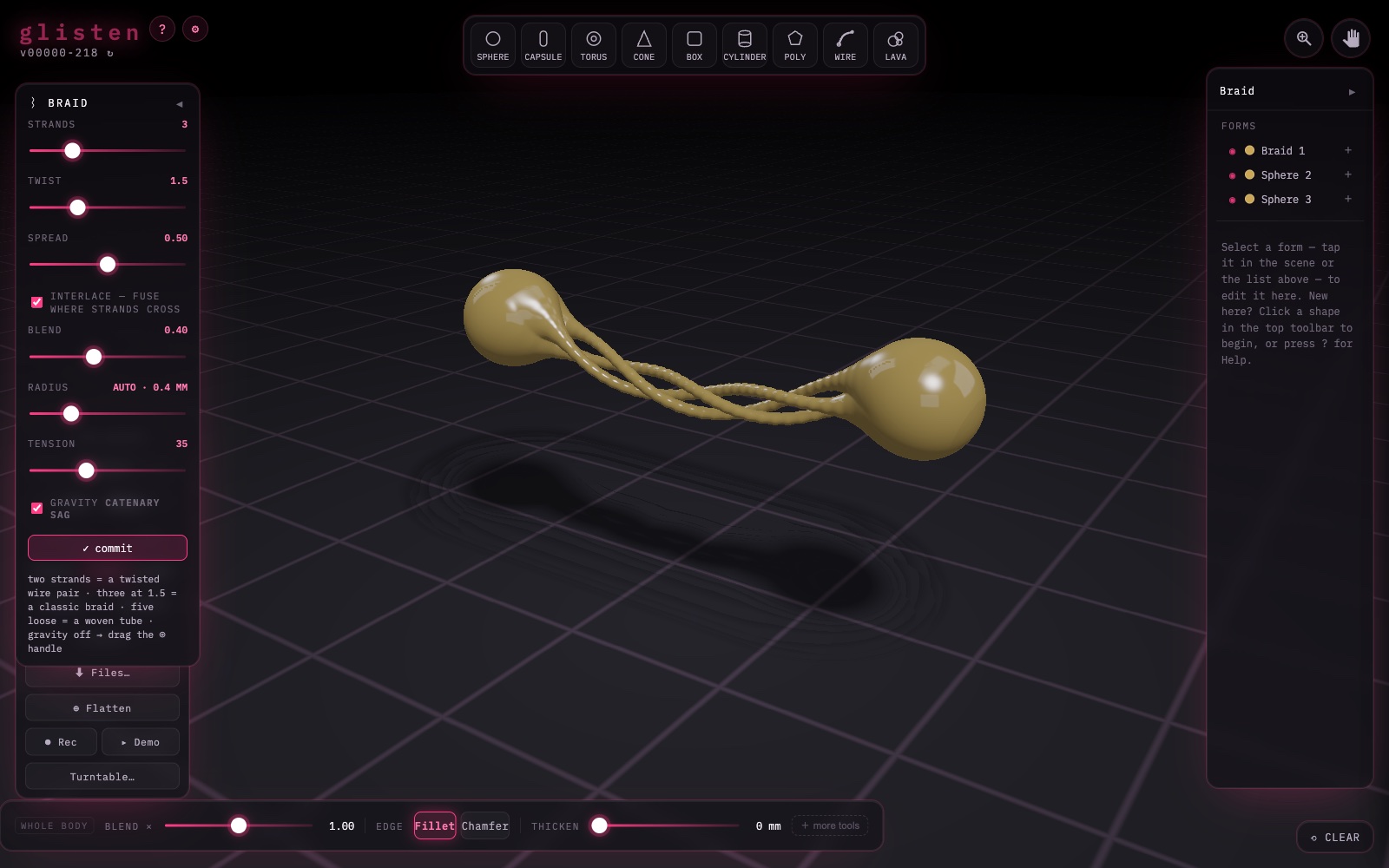 glisten Braid tool — two gold spheres joined by a three-strand woven braid with a real catenary sag