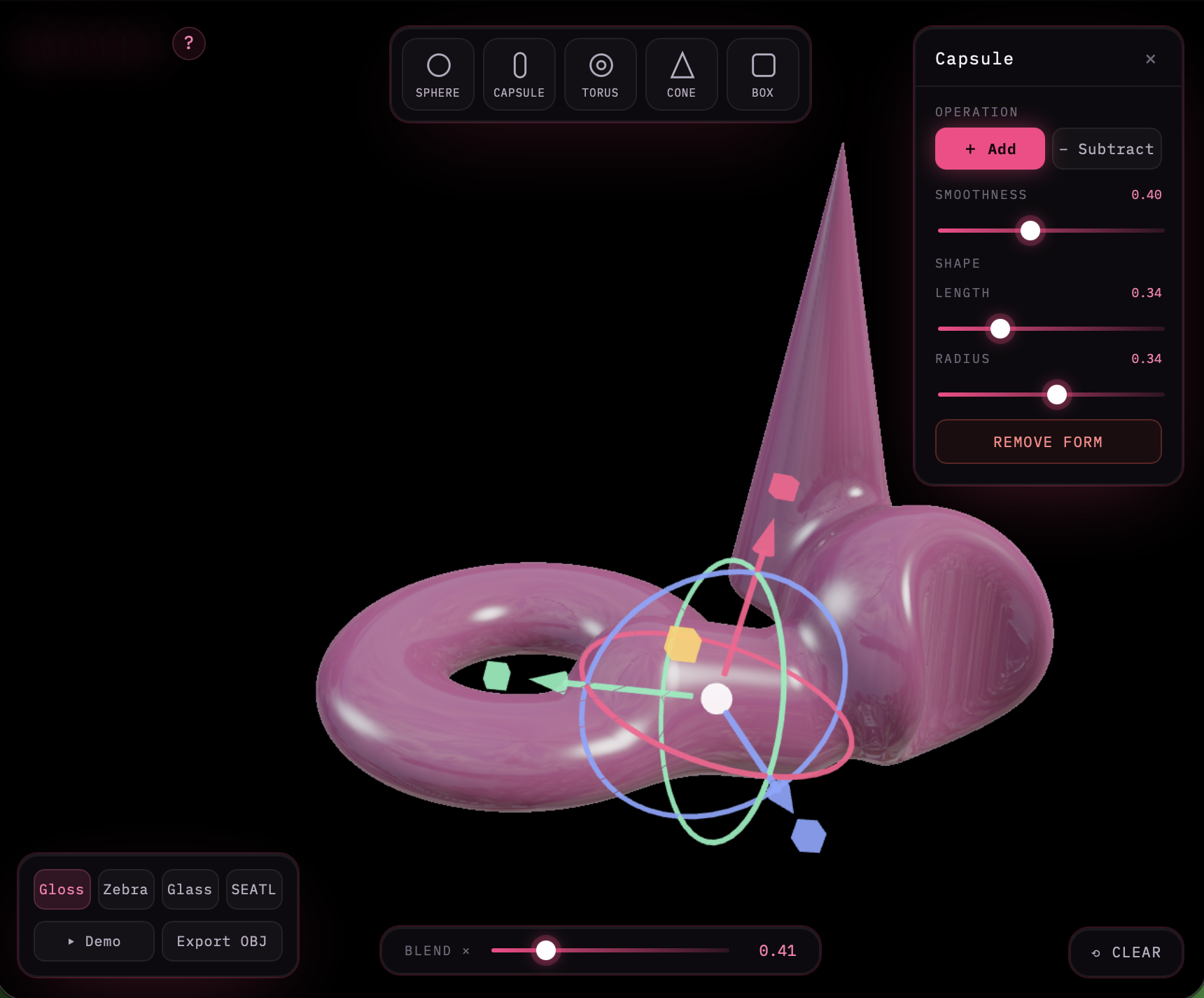 glisten interface — a glossy pink torus and capsule with the gumball handles active and the form inspector open on the right