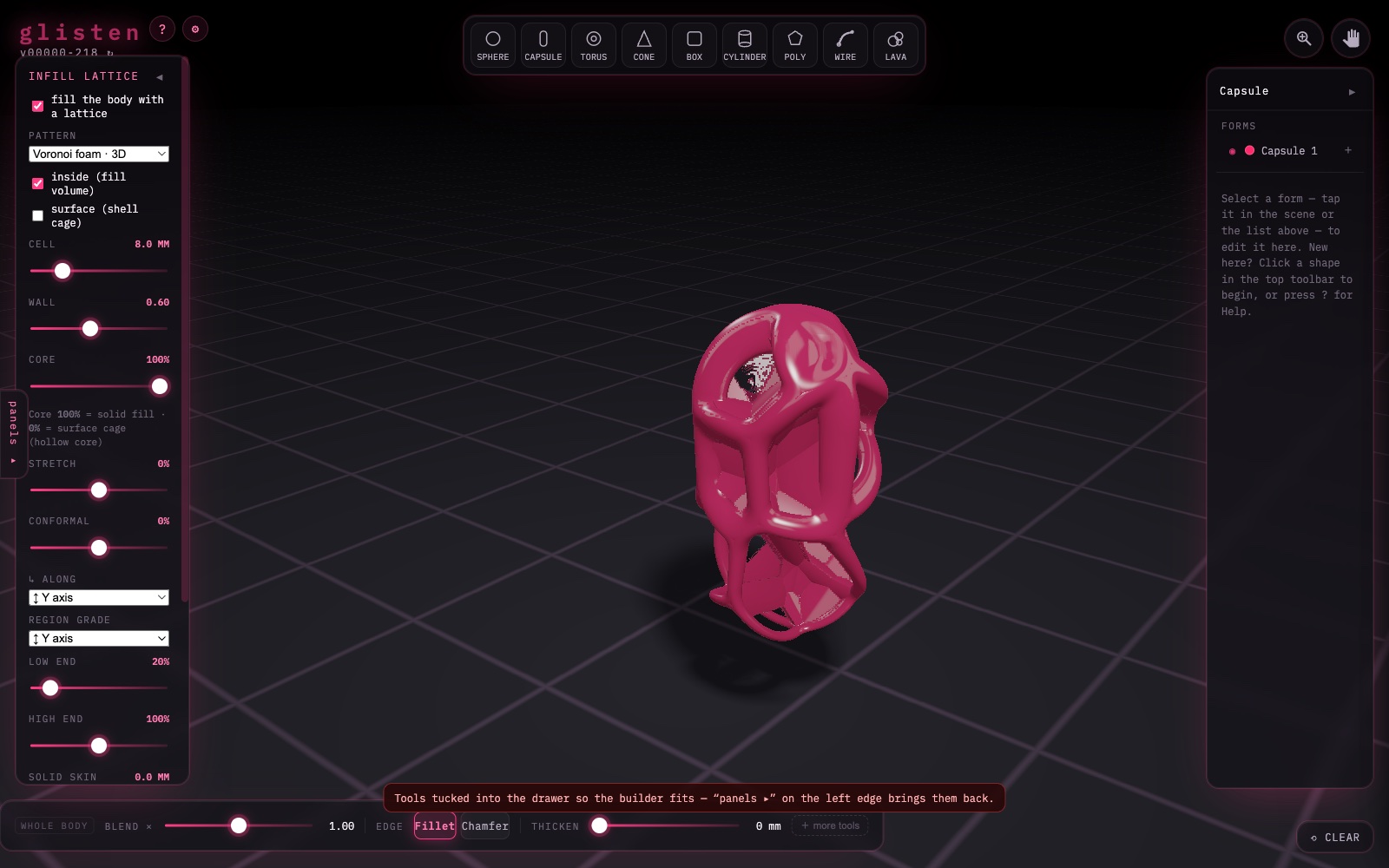glisten Infill panel — a pink capsule filled with an open-cell Voronoi foam lattice, graded from dense to open along its length