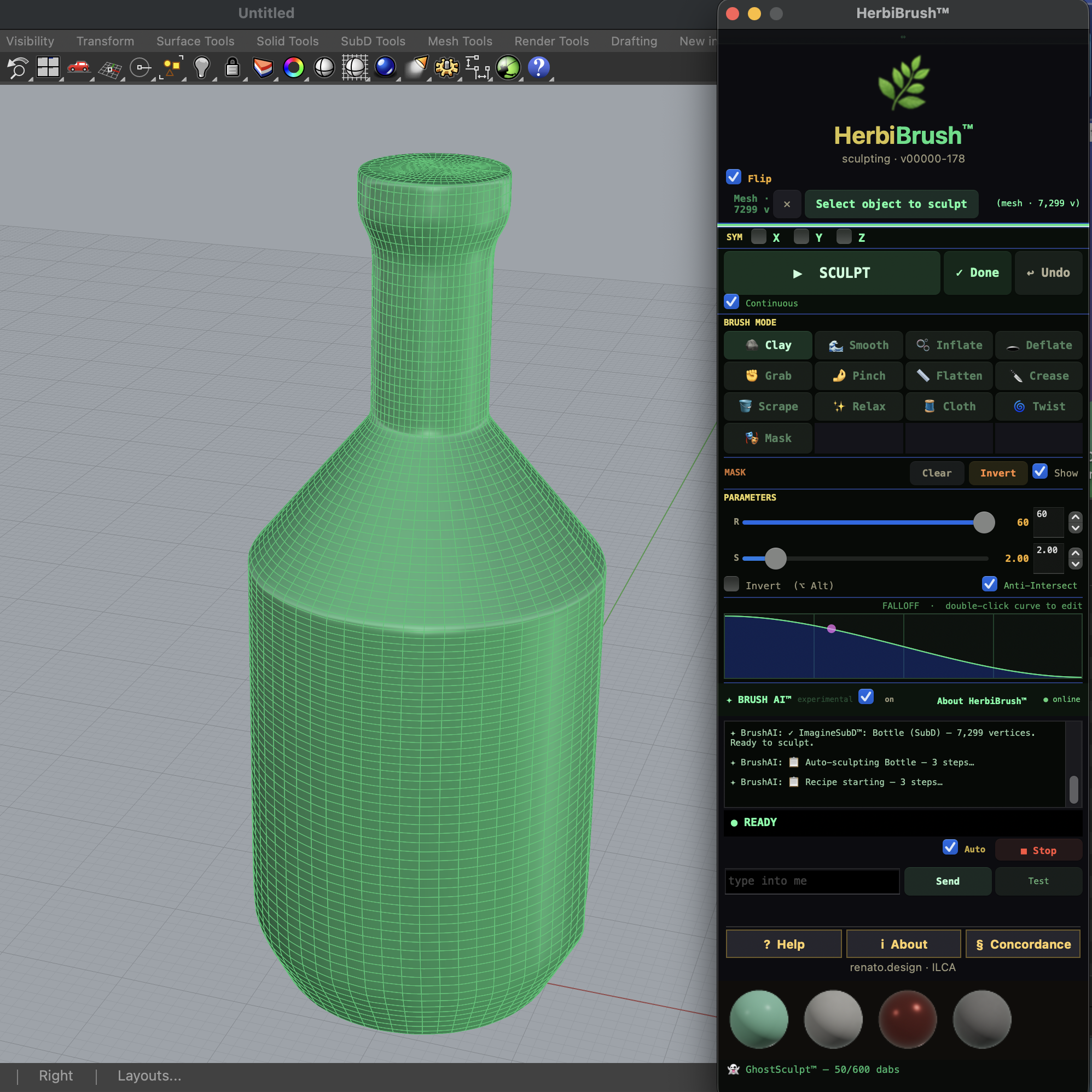 HerbiBrush workspace — direct-manipulation sculpting for Rhino