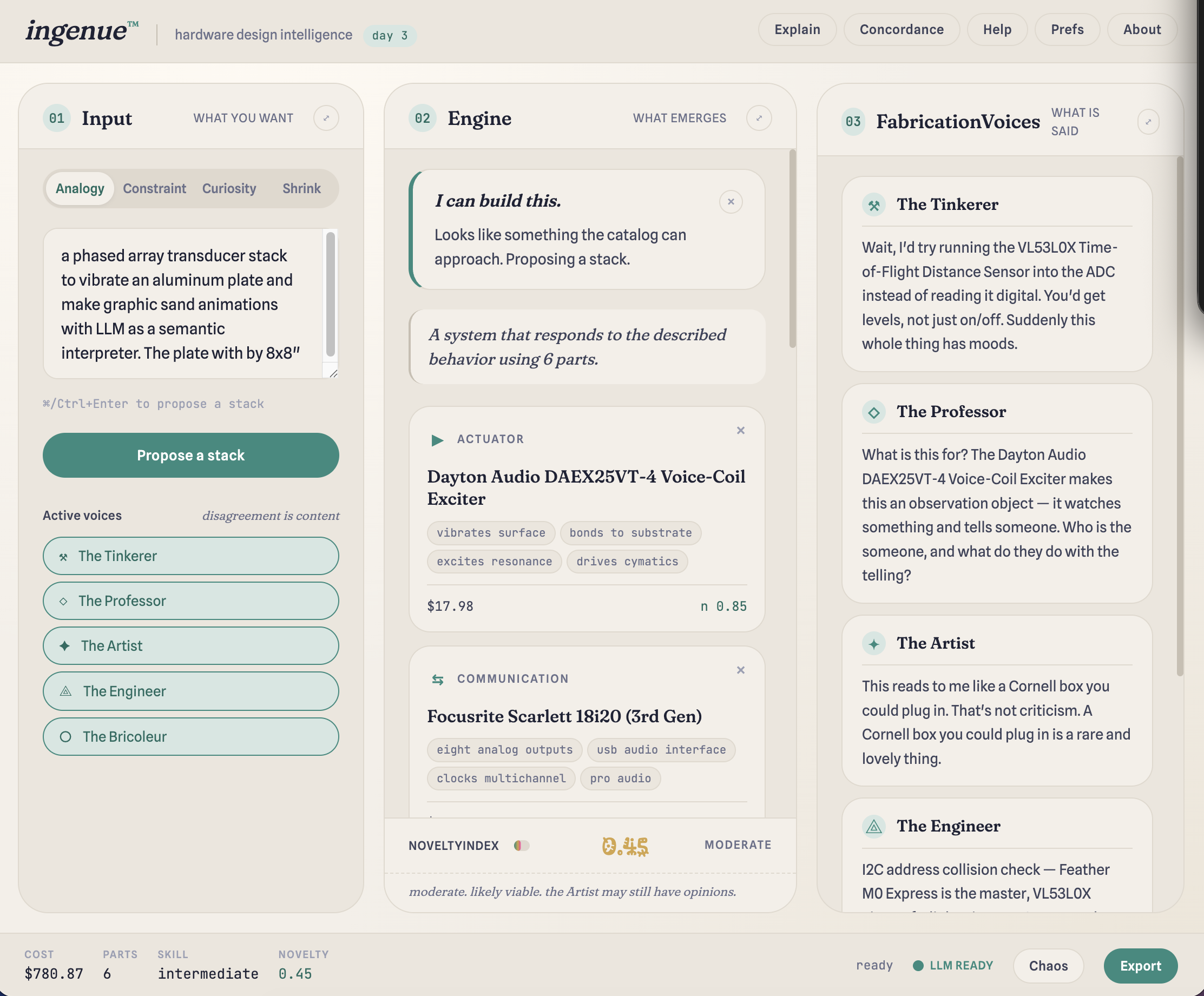 ingenue full workspace — Input / Engine / FabricationVoices — generating a phased transducer array stack