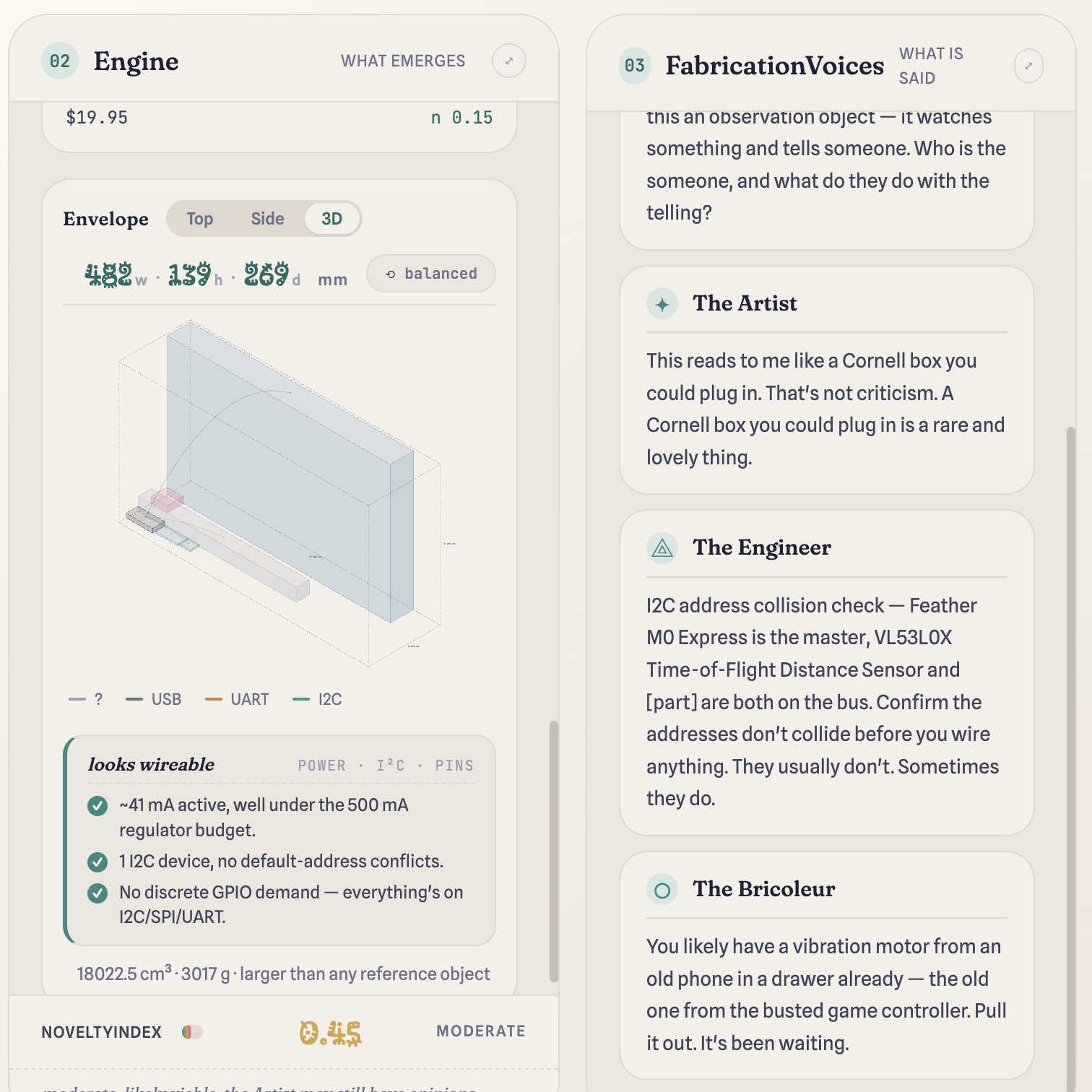 ingenue Engine and Voices columns — wiring feasibility notes and four fabrication voices weighing in on a stack