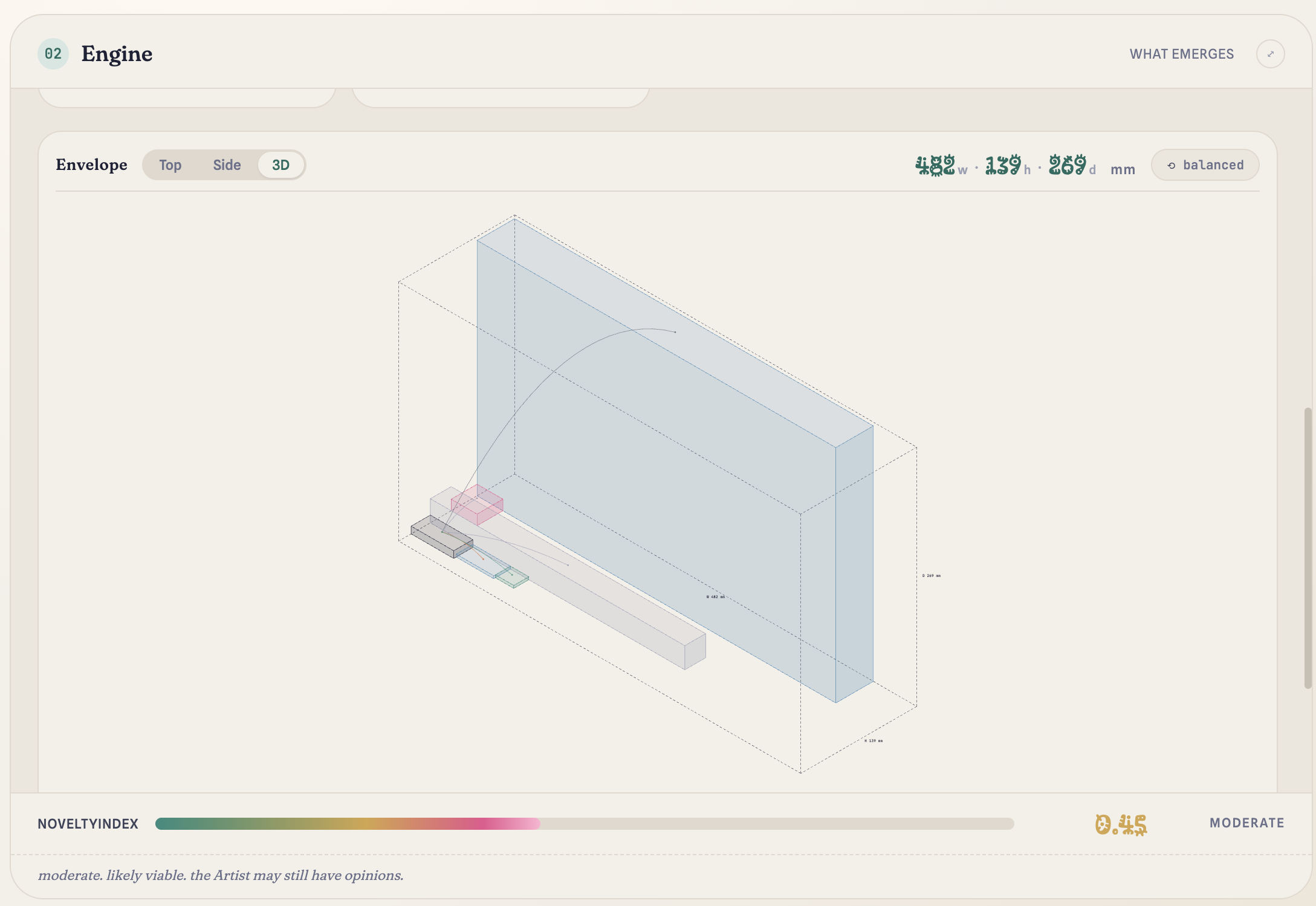 ingenue Engine module — 3D isometric envelope of a phased-array stack, 482 × 139 × 269 mm