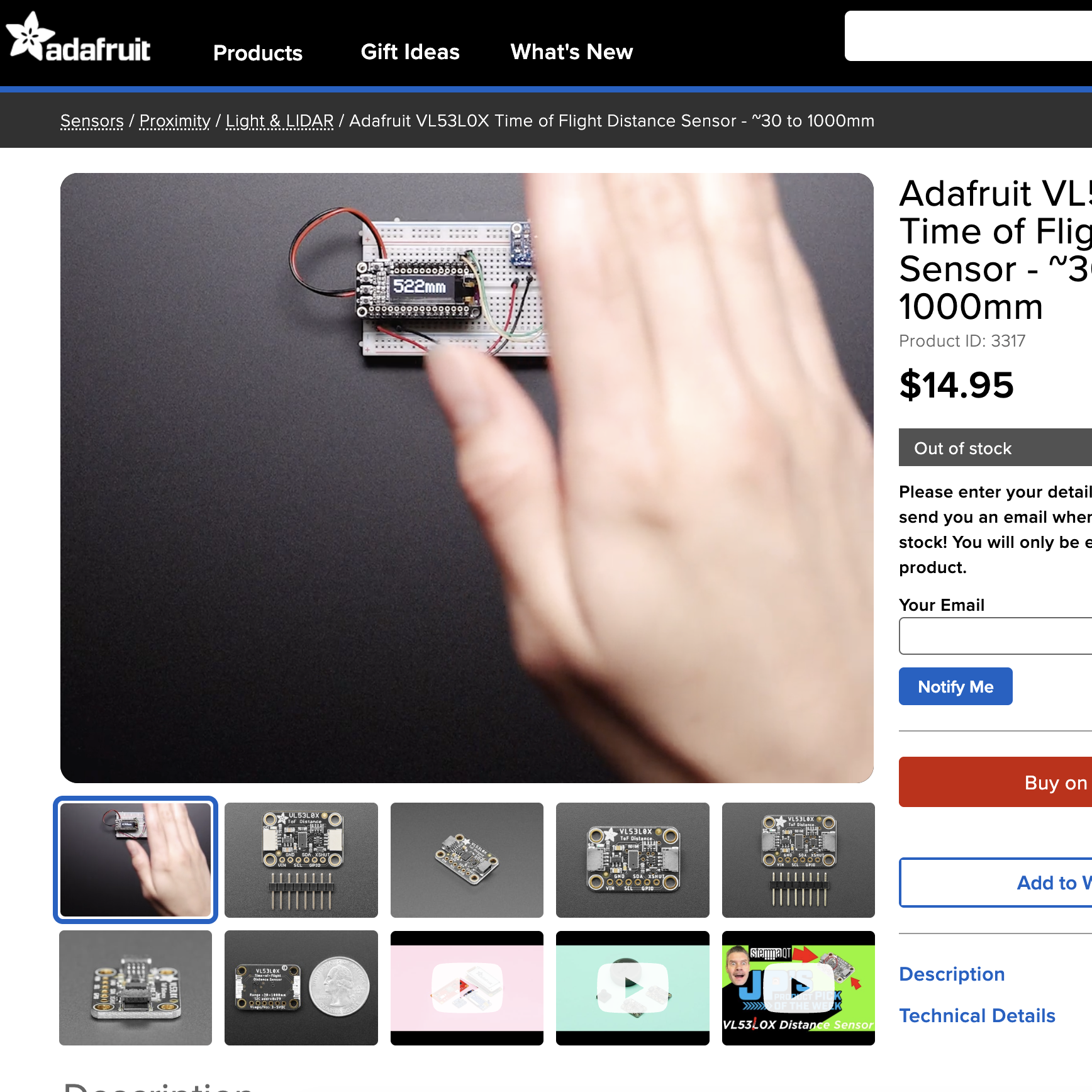 Clicking a proposed part opens its supplier page — here the Adafruit VL53L0X Time of Flight Distance Sensor, on adafruit.com