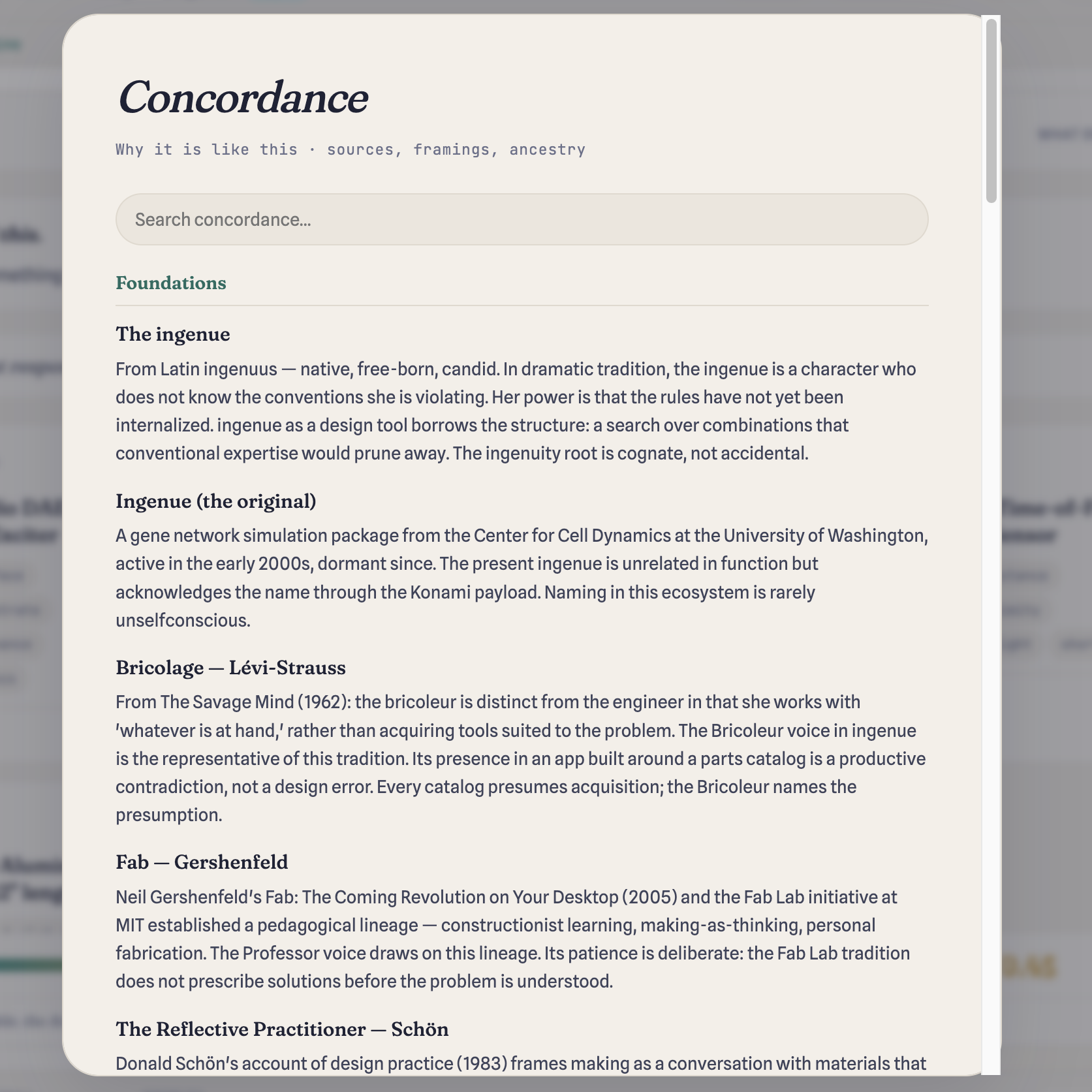 ingenue Concordance panel — sources and framings: the ingenue etymology, Bricolage (Lévi-Strauss), Fab (Gershenfeld), Reflective Practitioner (Schön)