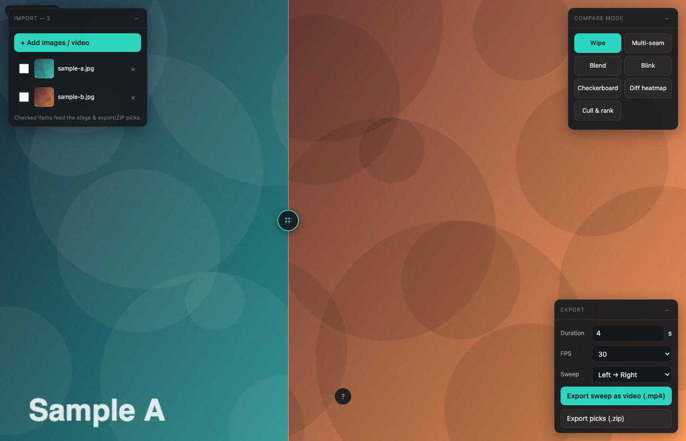 Juxt's wipe compare mode — two procedural sample gradients divided by a draggable teal seam handle, with floating Import, Compare Mode, and Export panels