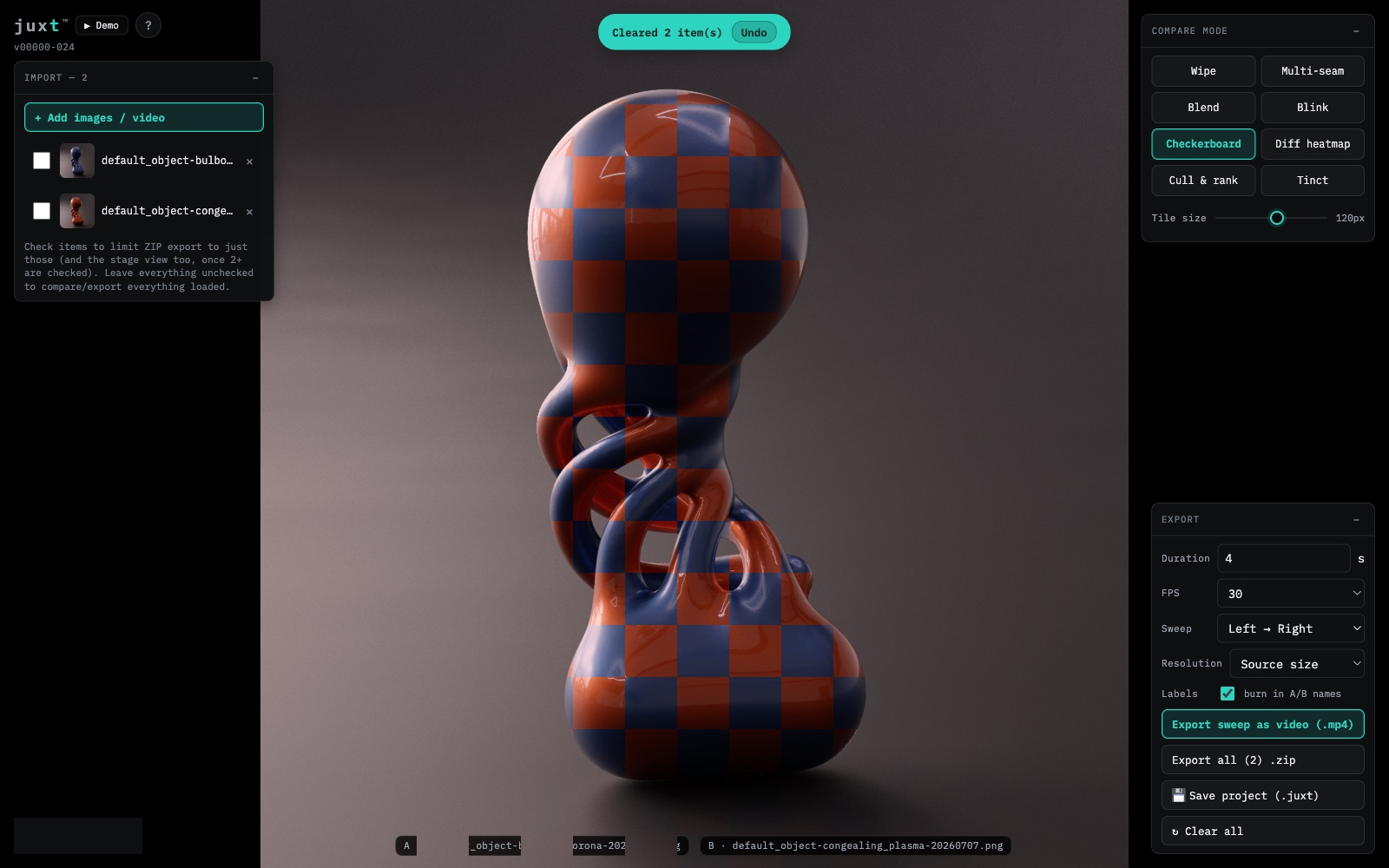 Juxt Checkerboard mode — two renders tiled together in an alternating navy and orange checker pattern