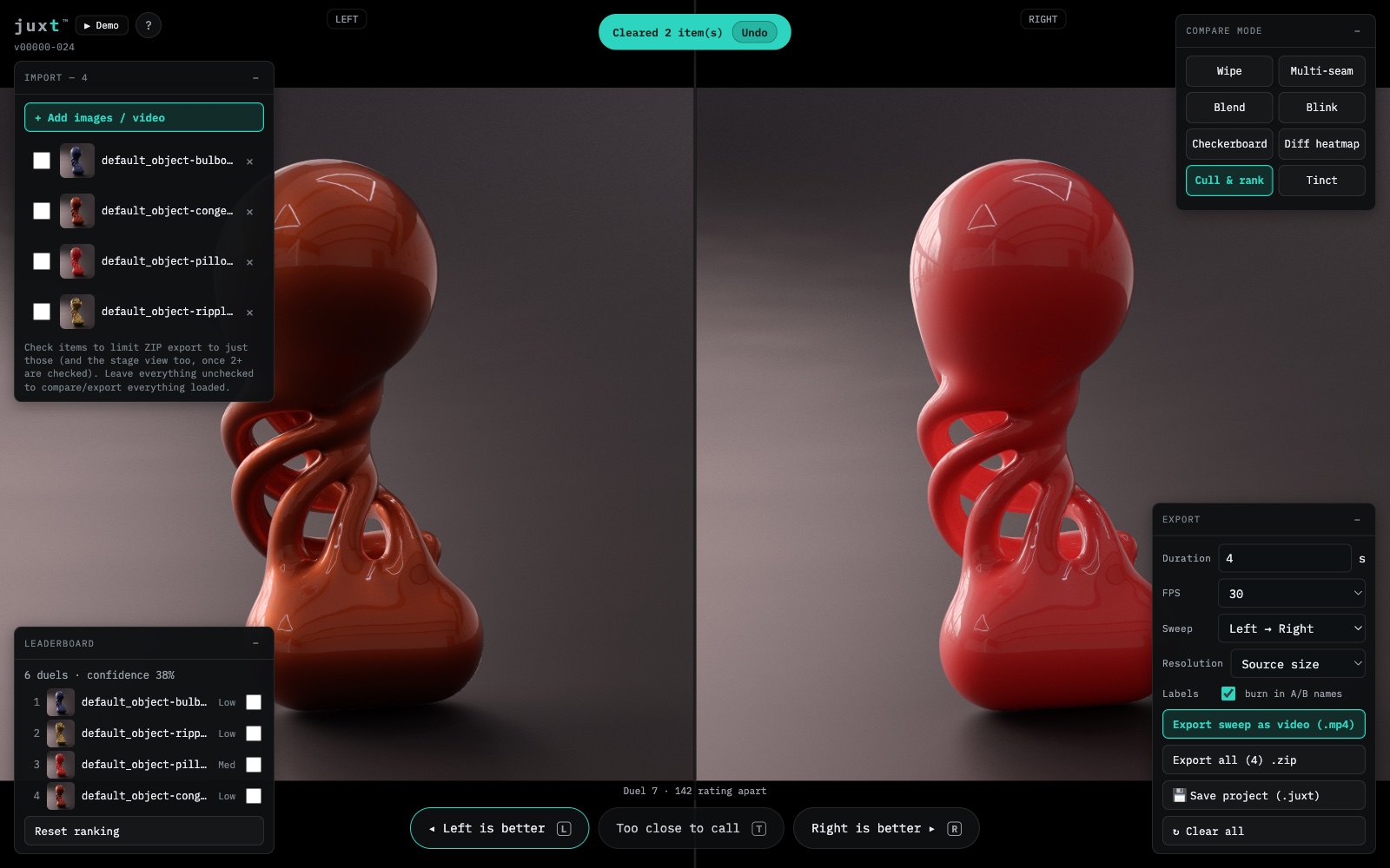Juxt Cull and Rank mode — a duel between two renders with Left is better, Too close to call, and Right is better buttons, and a ranked leaderboard