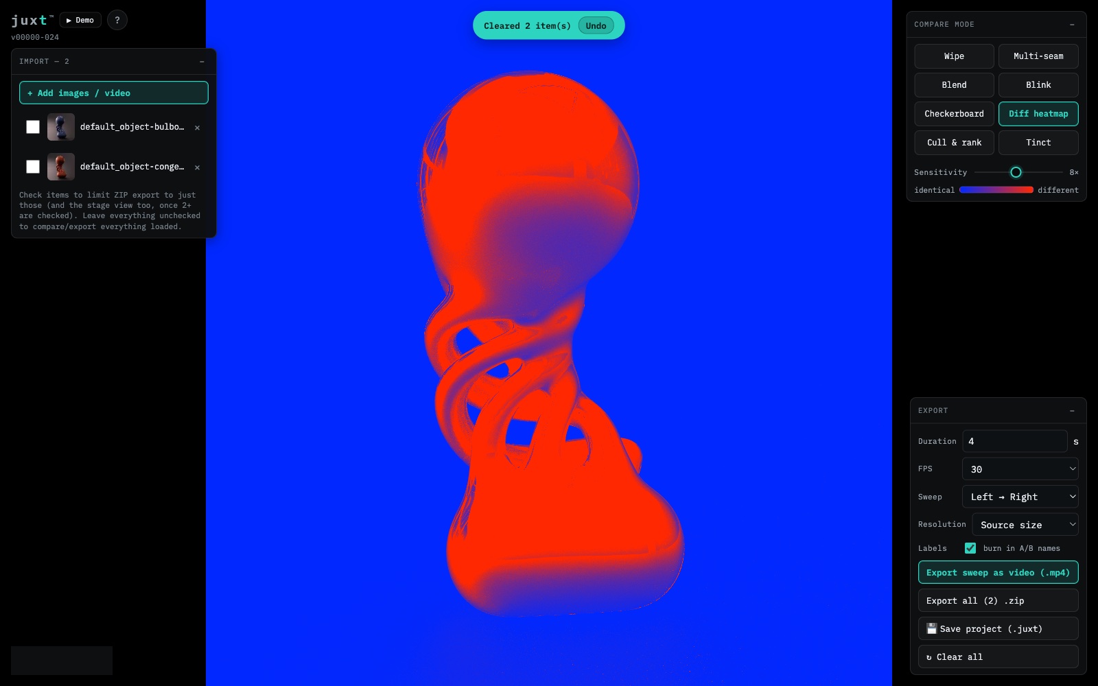Juxt Diff heatmap mode — a false-color blue-to-red readout of every pixel that changed between two renders
