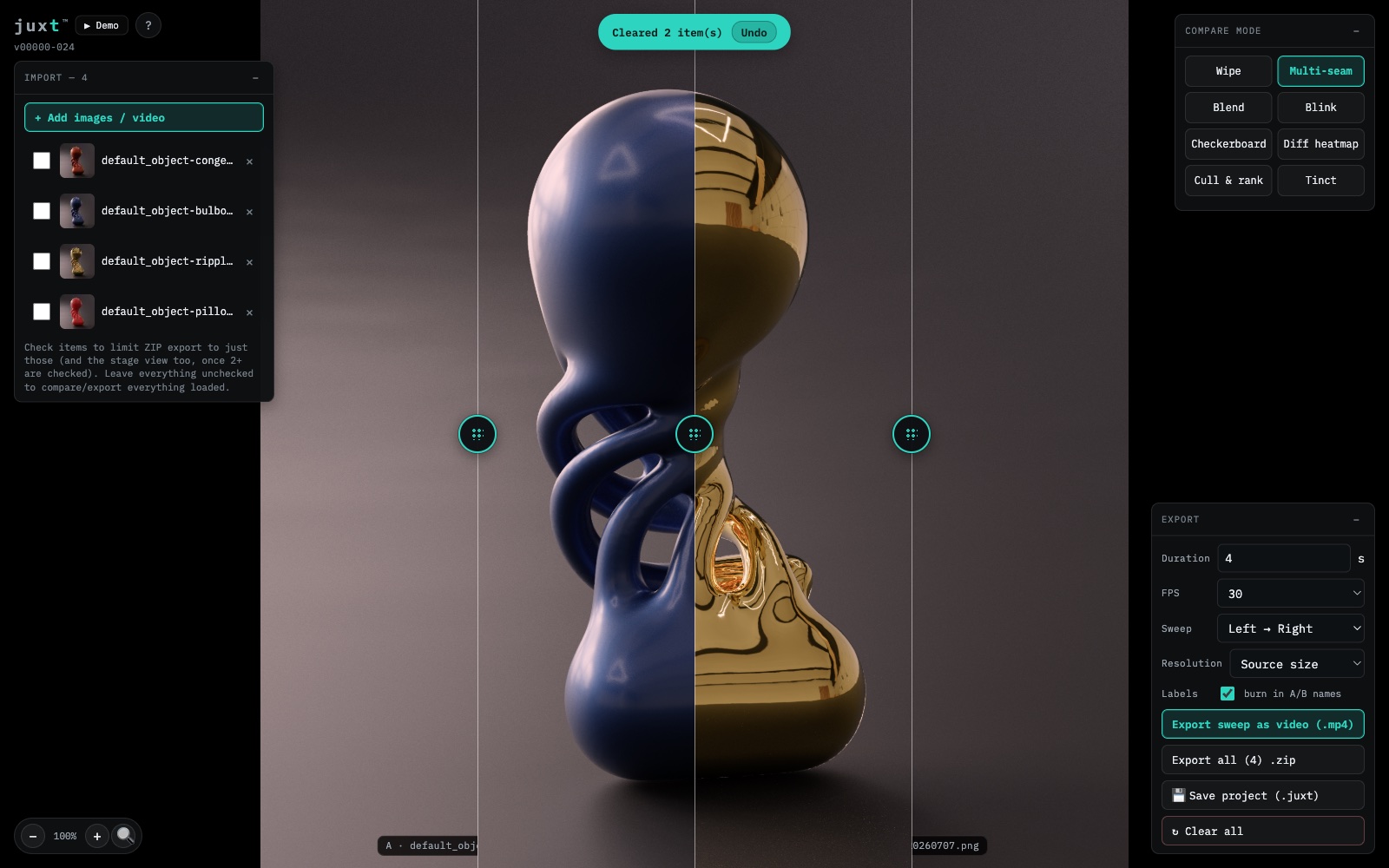 Juxt Multi-seam mode — four renders of the same object in different finishes split into vertical strips with draggable seams between each