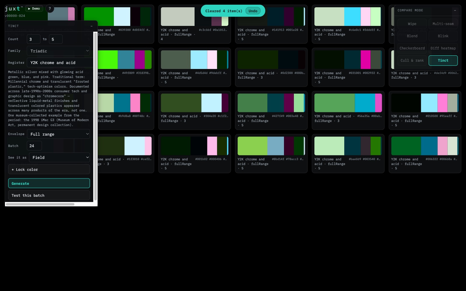 Juxt Tinct wing — a generated grid of color-swatch batches labeled with harmony family and historical register
