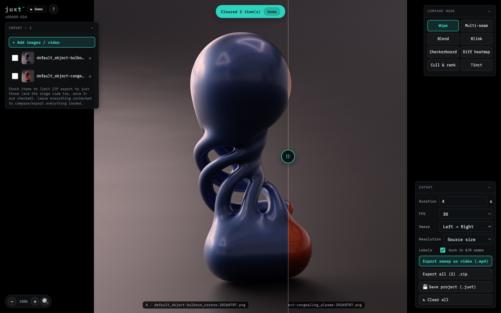 Juxt Wipe mode — a draggable seam splitting two renders of the same object in different material finishes
