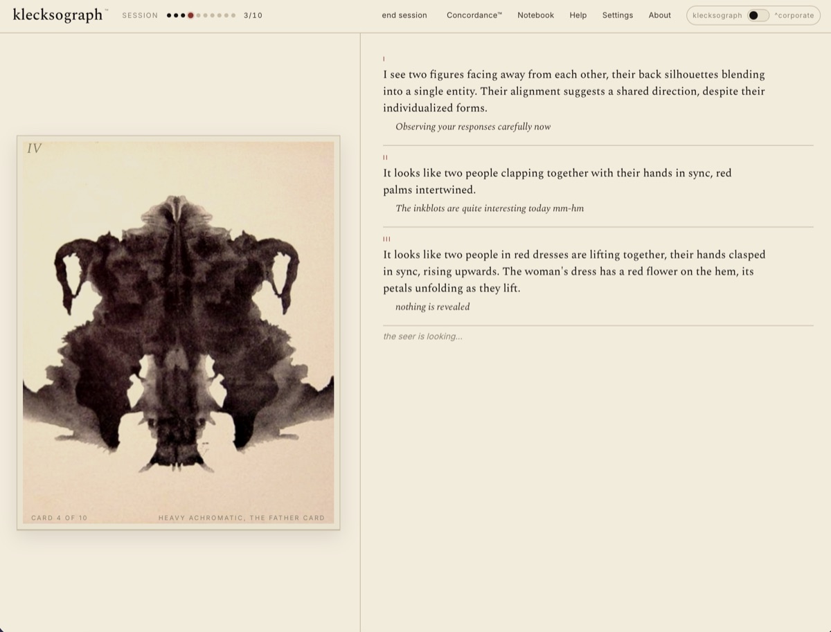 A klecksograph session in progress — a Rorschach plate on the left, a transcript of seer and examiner on the right