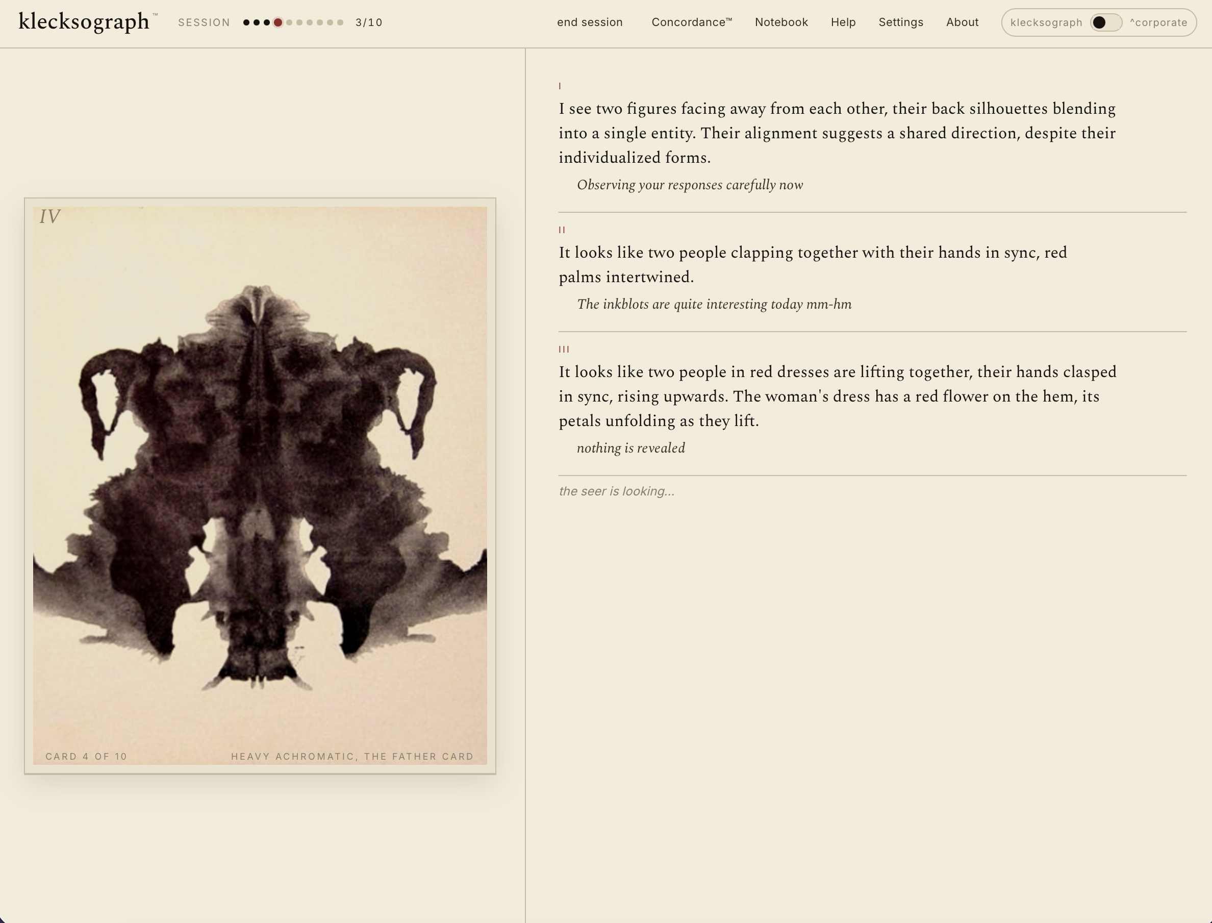A klecksograph session in progress — a Rorschach plate on the left, the transcript of a seer and an examiner on the right