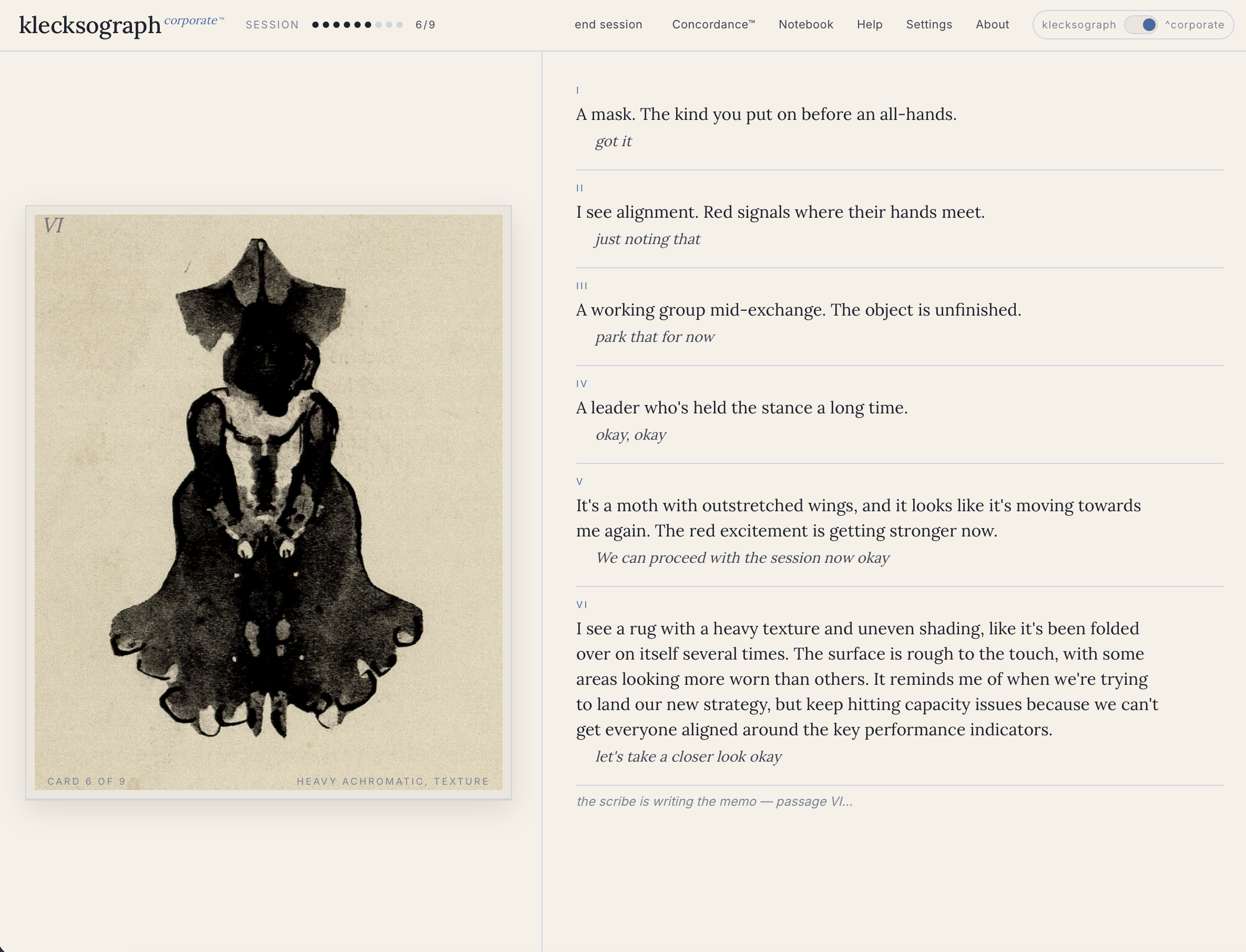 The corporate variant of the same interface. A participant narrates in HR-offsite vocabulary; a facilitator says 'park that for now' and 'just noting that.'