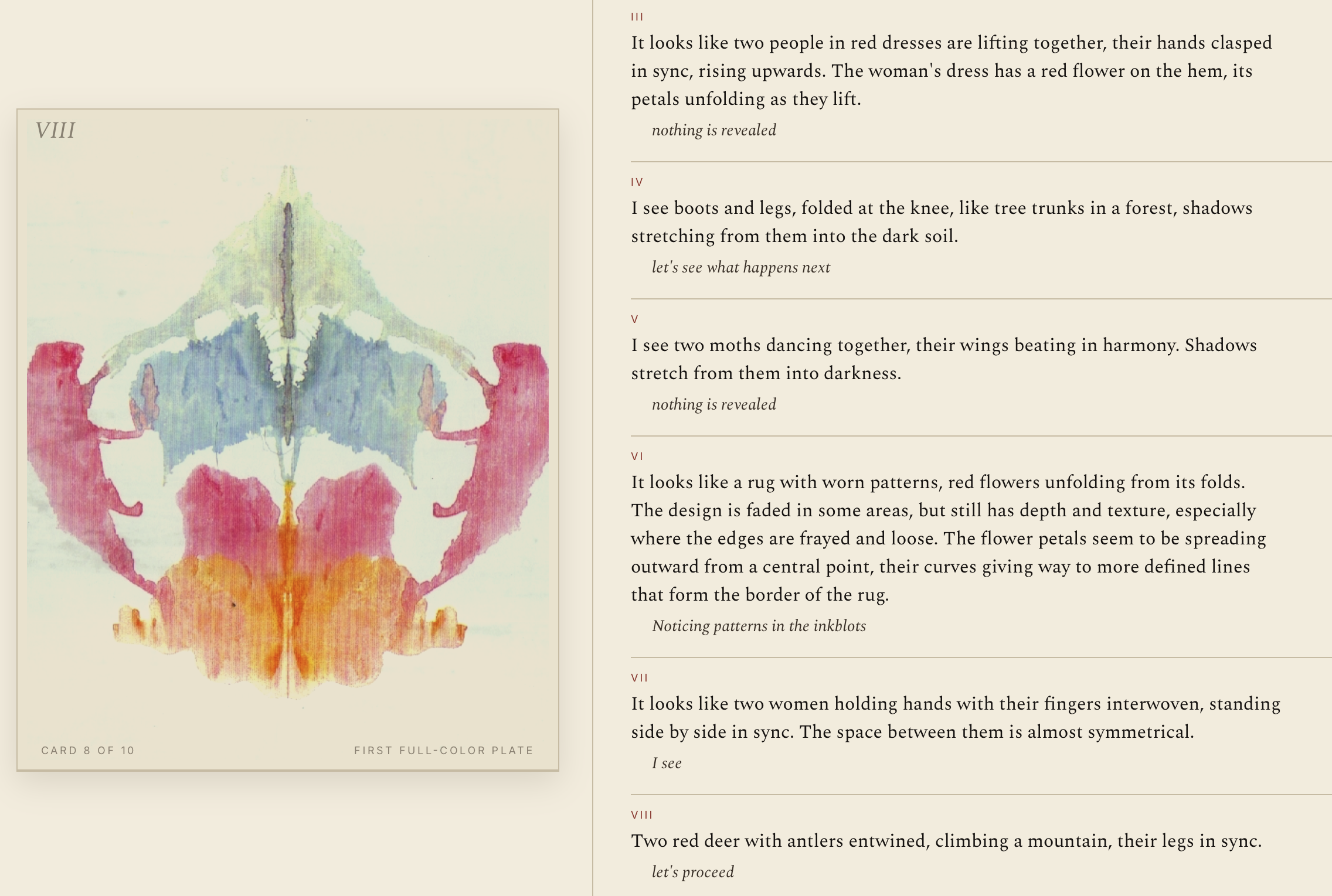 Card VIII, the first full-color Rorschach plate. By the eighth card the transcript has accumulated — a voice has begun to sound like a self.