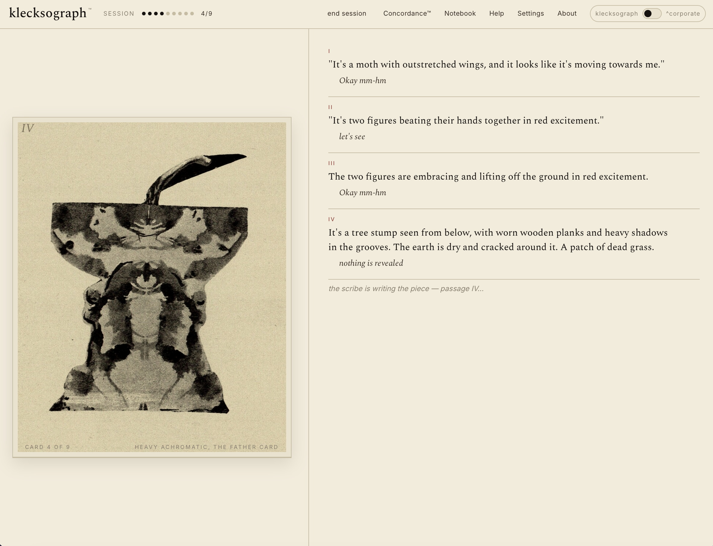 The alternate Kerner 1857 deck — a Victorian-era folded-ink blot in black on cream paper, predating the Rorschach test.